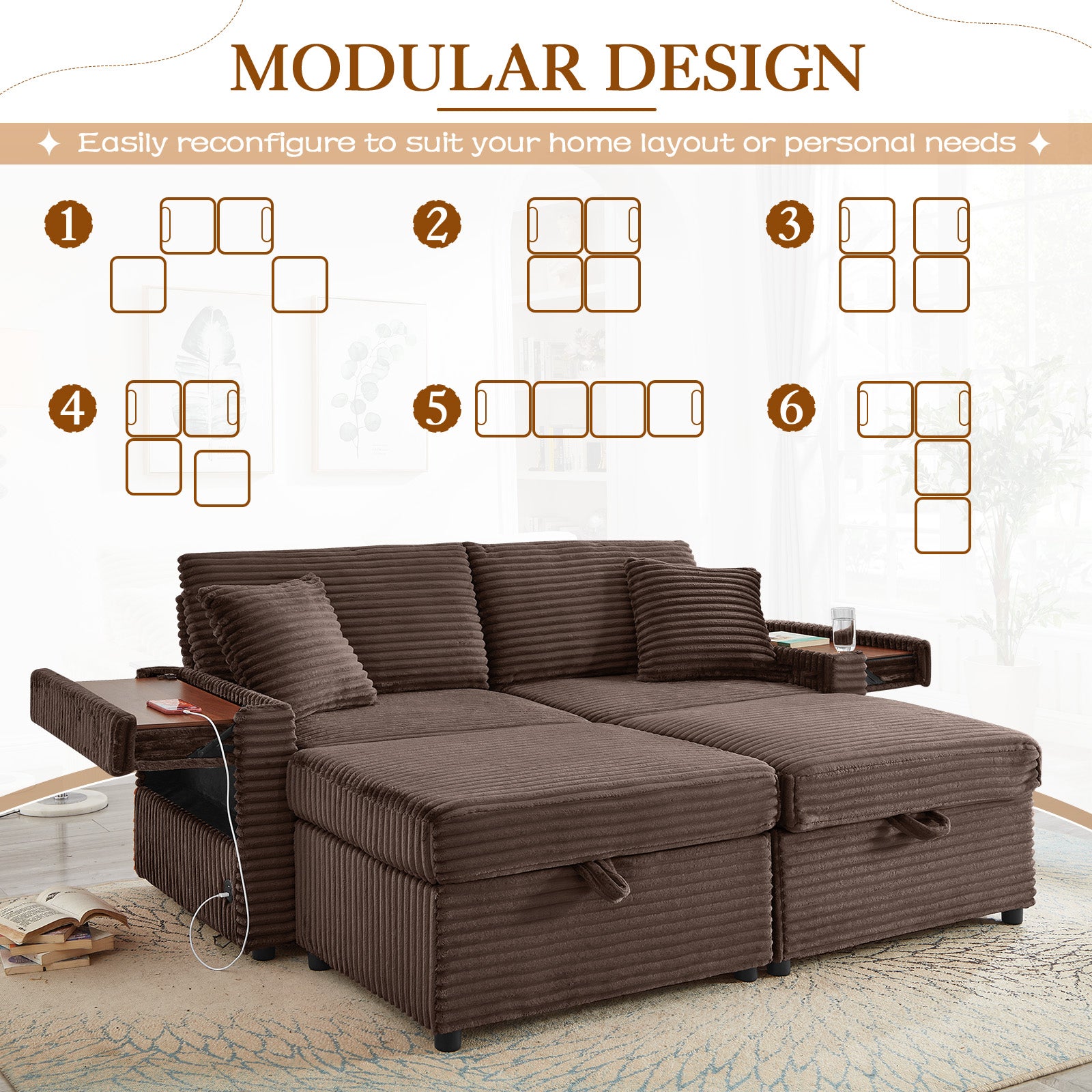 FFH Loveseat Sectional Sofa with 2 Storage Ottomans, Modular Cloud Couch with 2 Side Tables & USB, Plush Double Chaise Lounge Sofa Bed Indoor, Brown Corduroy