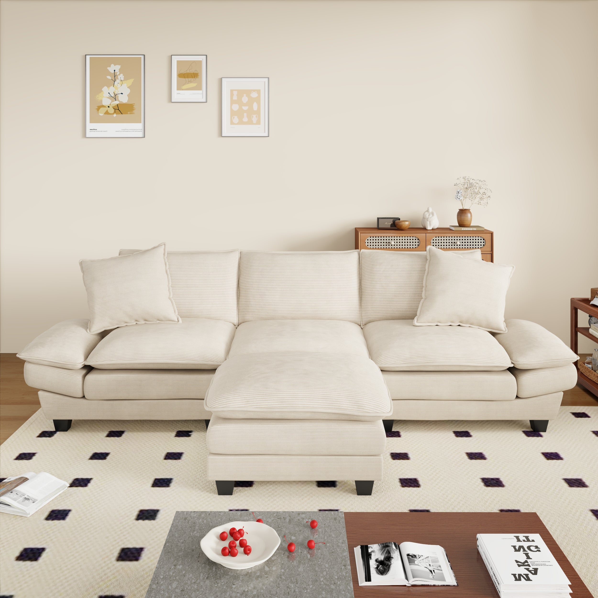 FFH 108" Modular Sectional Sofa with Ottoman, L-Shaped Sleeper Couch for Living Room, Beige Corduroy