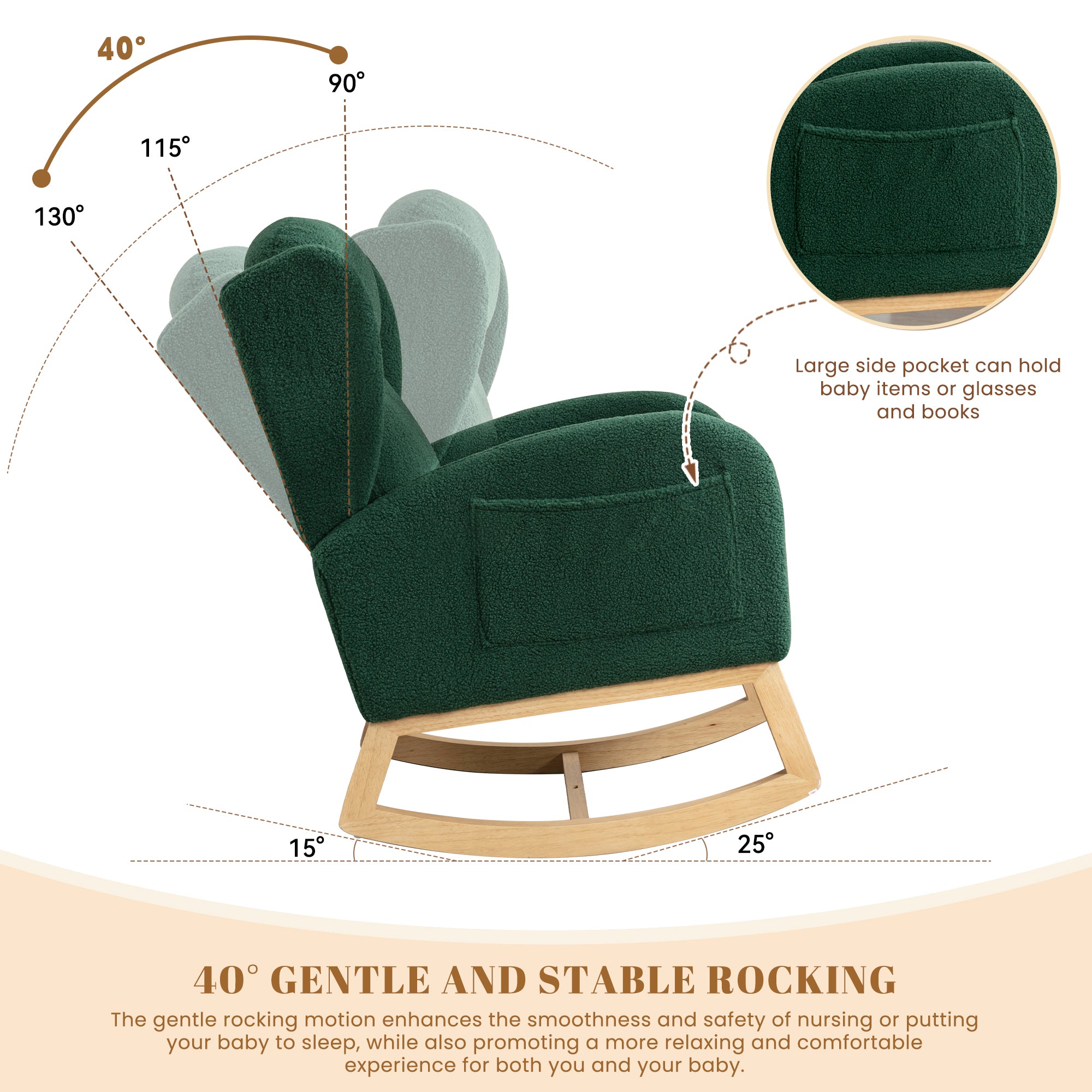 FFH Wingback Glider Rocking Chair for Baby Nursery, Adult, Indoor, Green Teddy