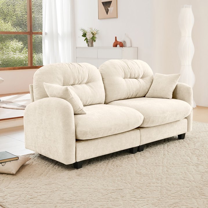 FFH Loveseat Sofa, 74" Cloud Sectional Couches for Living Room, Tufted 2-Seat Chenille Sofa with 2 Pillows, Wooden Base, Beige