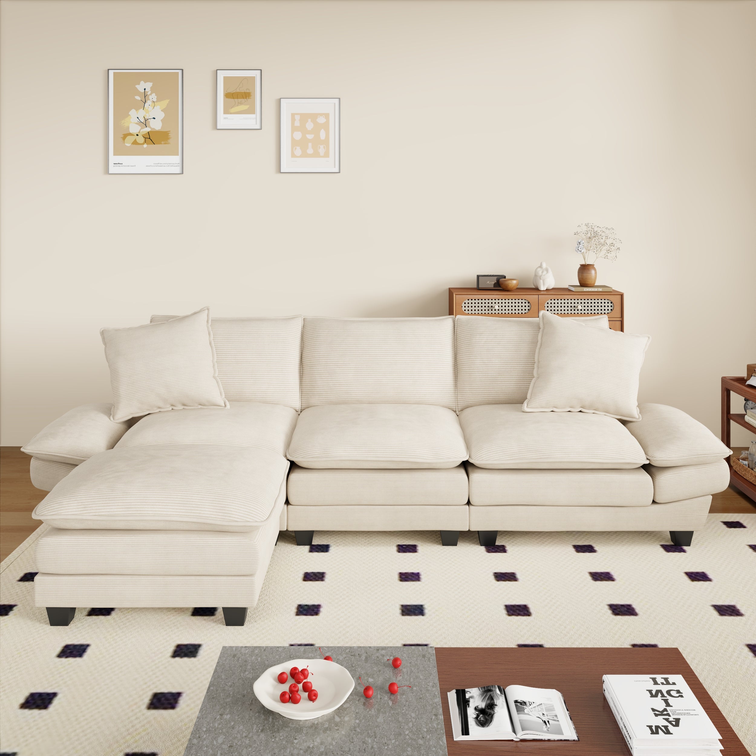 FFH 108" Modular Sectional Sofa with Ottoman, L-Shaped Sleeper Couch for Living Room, Beige Corduroy