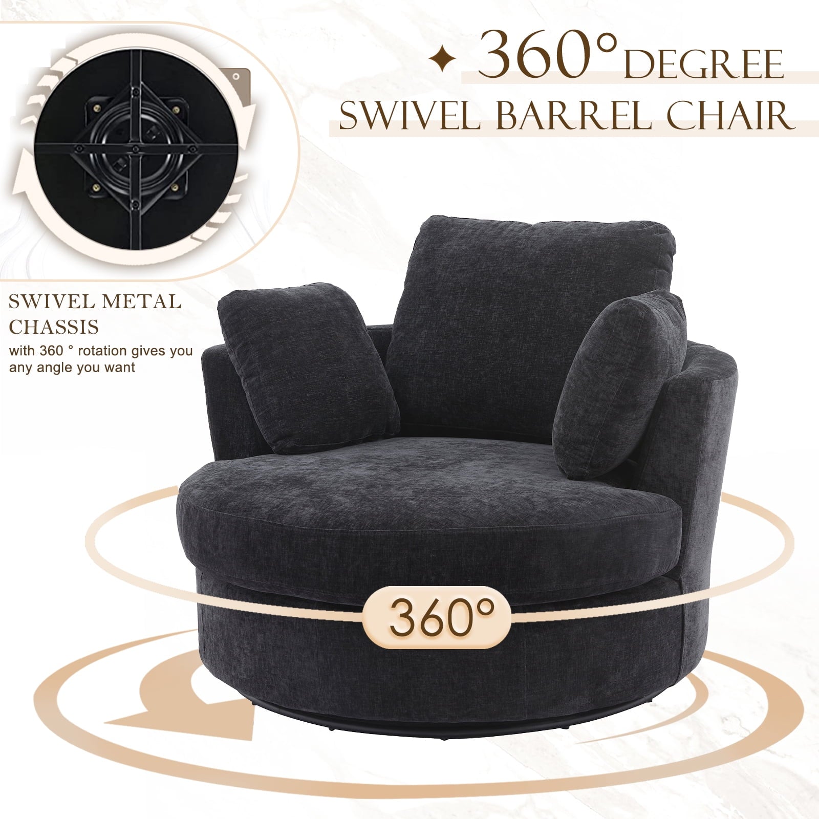 FFH 42.2"W Chenille Swivel Chair, Modern Oversize Armchair Comfy Club Chair Sherpa Chir for Bedroom Living Room, Black
