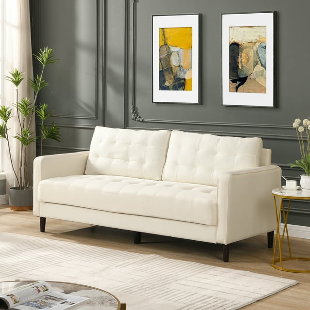 FFH 75 " Fabric Tufted Upholstered Sofa Couch with Square Arm, Modern 3 Seater Sofa for Living Room, Beige