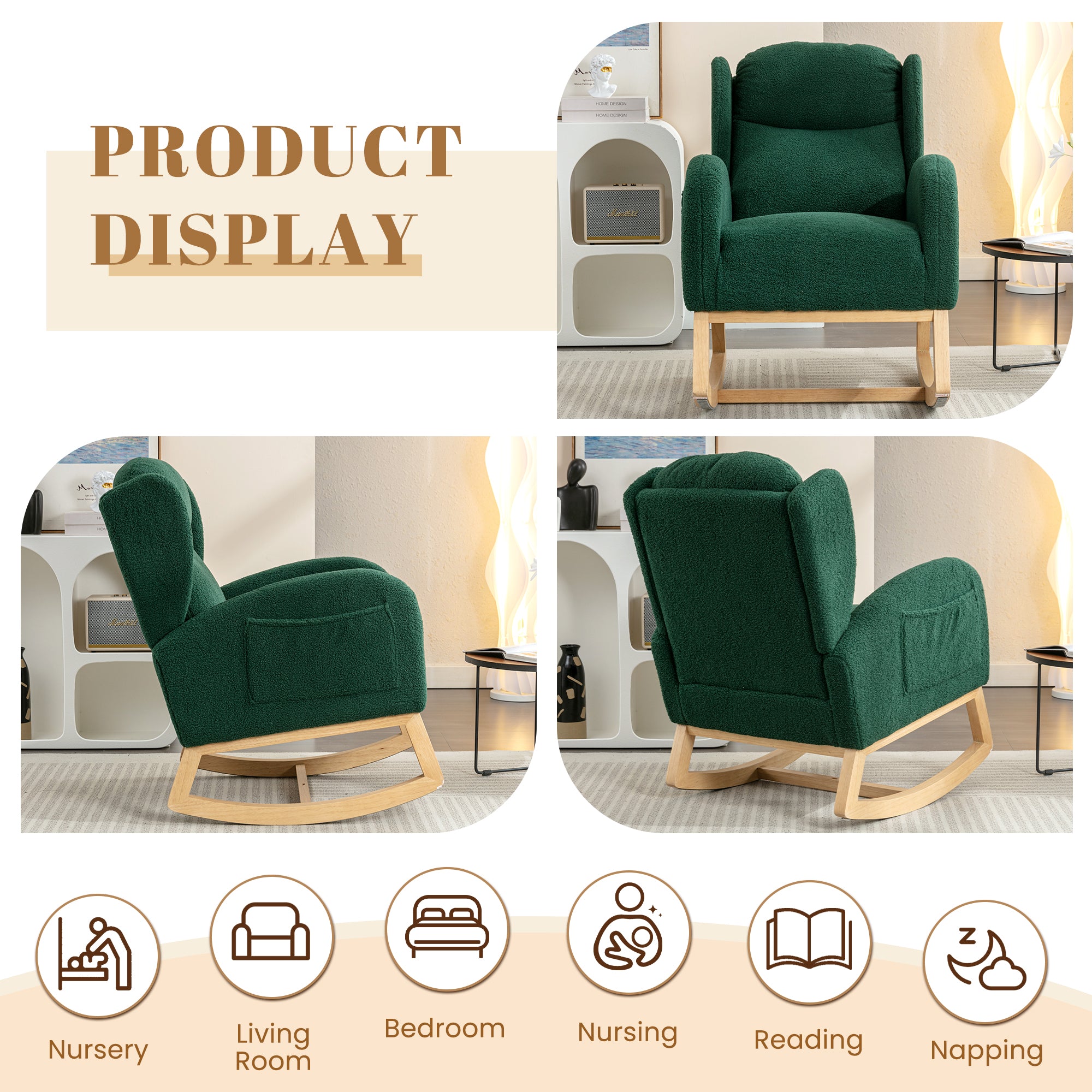 FFH Wingback Glider Rocking Chair for Baby Nursery, Adult, Indoor, Green Teddy