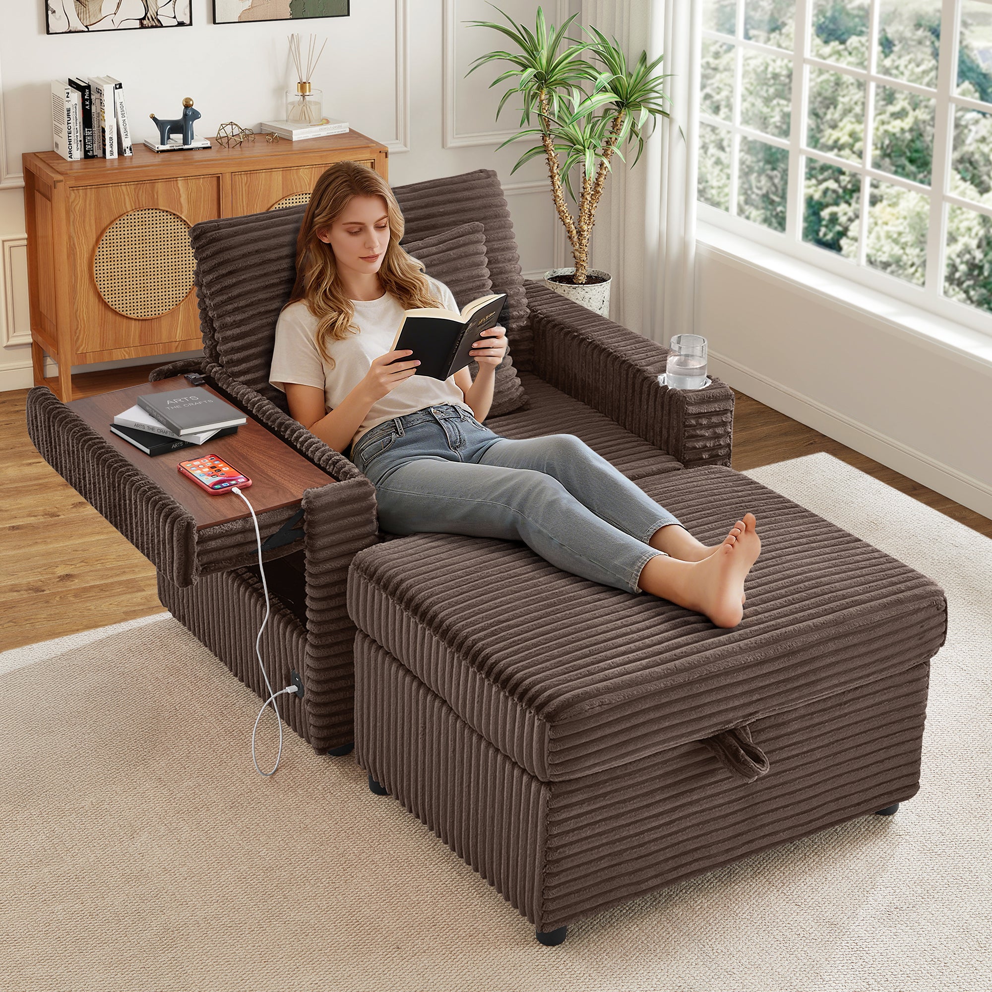 FFH Accent Chair with Storage Ottoman & Side Table, Cozy Lounge Chair with USB, Modern Single Sofa Armchair for Living Room, Brown Corduroy