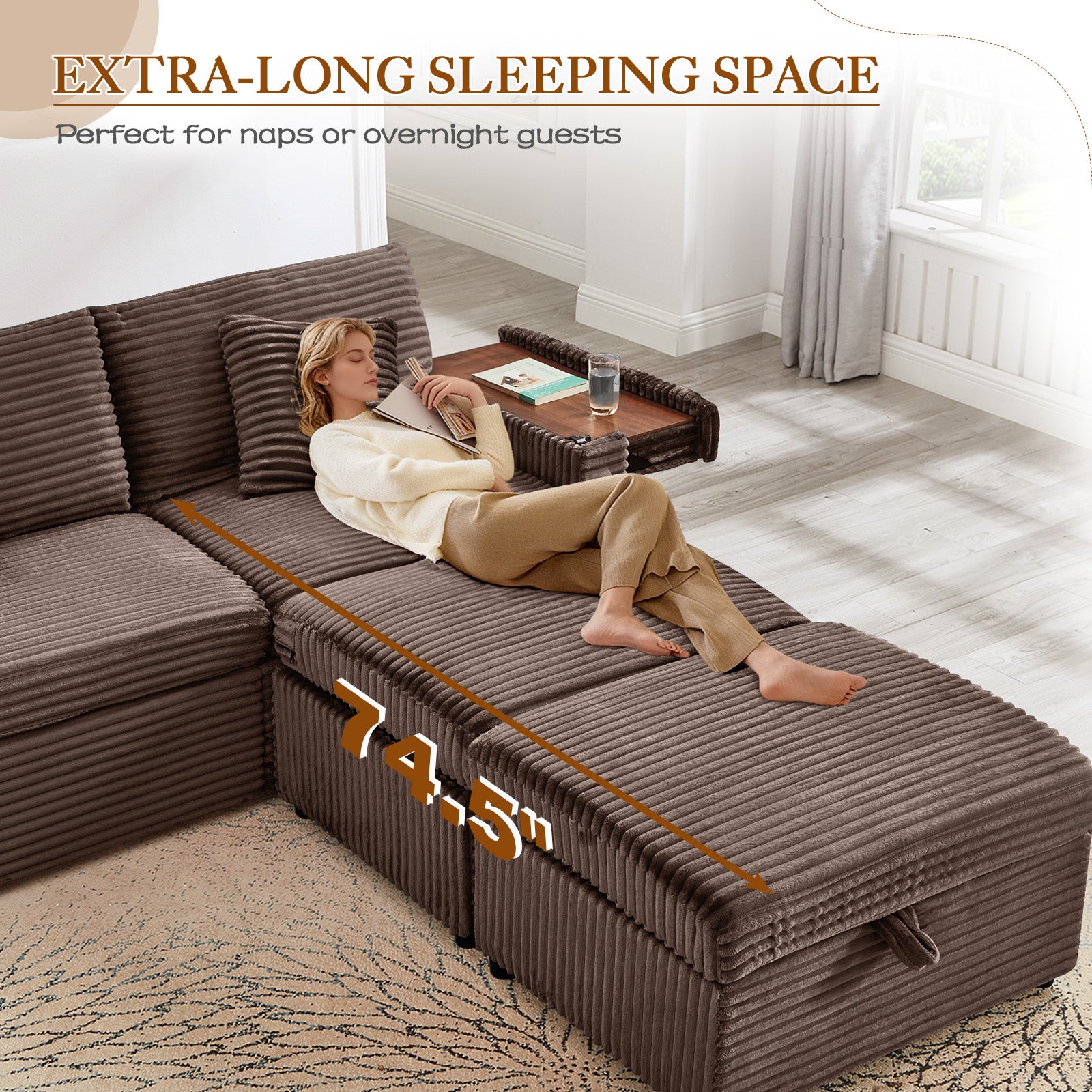 FFH Loveseat Sectional Sofa with 2 Storage Ottomans, Modular Cloud Couch with 2 Side Tables & USB, Plush Double Chaise Lounge Sofa Bed Indoor, Brown Corduroy