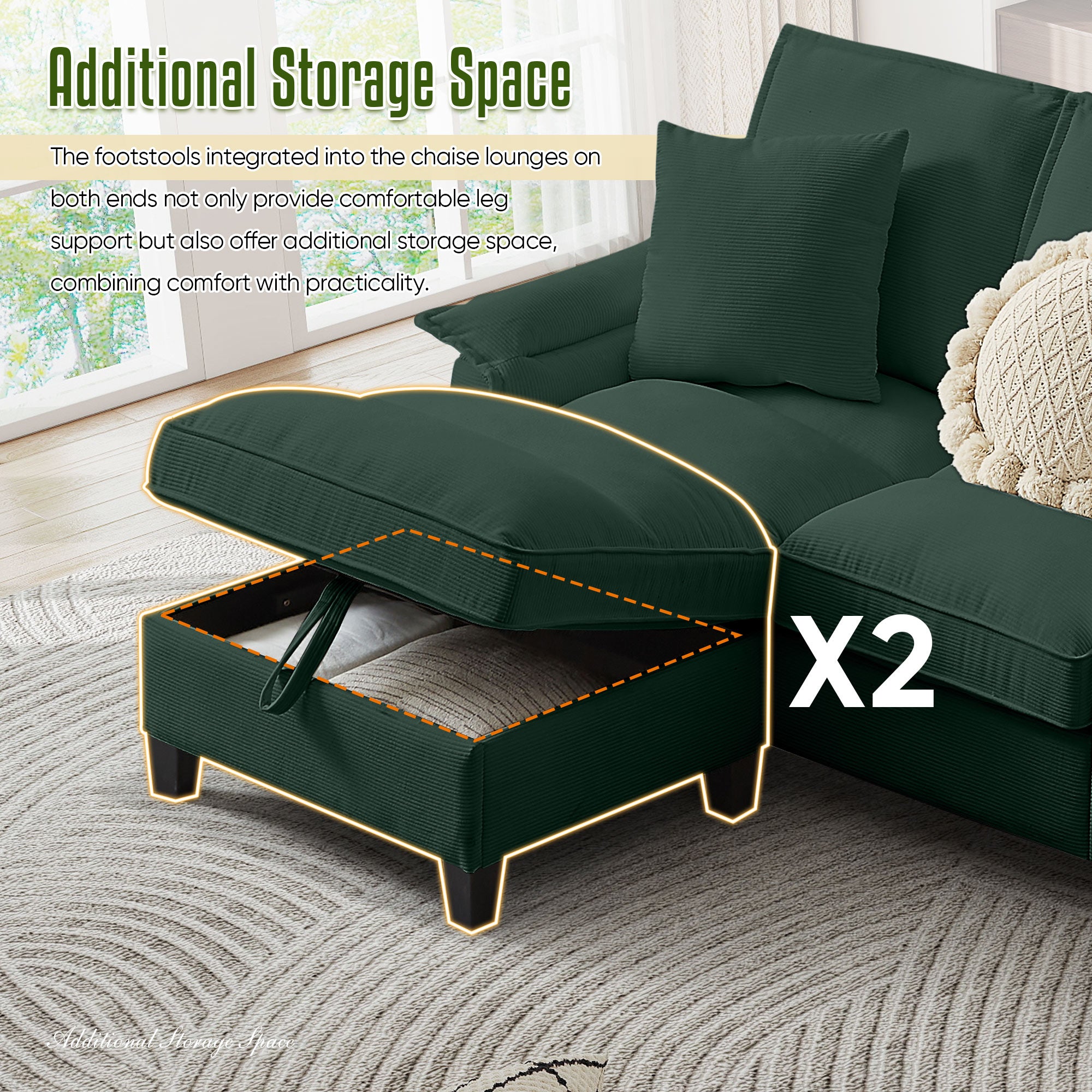 FFH 120" U-Shaped Sectional Sofa with USB & Storage, Living Room 4-Seater Couch with Double Chaise Lounge, Cup Holders, Green Corduroy
