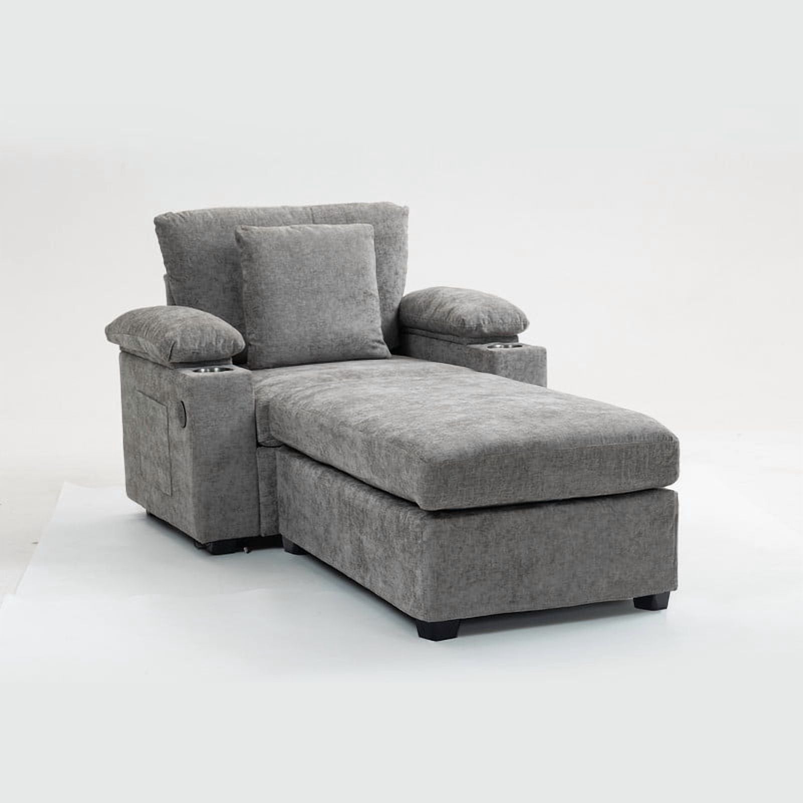 FFH Accent Chair, Modern Oversized Chair with Ottoman, Chenille Comfy Sofa Bed with Cup Holders, Charging Ports and Storage Space