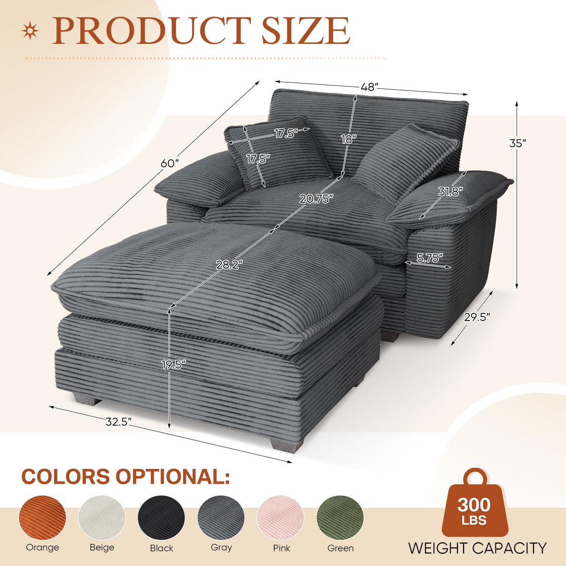 Muumblus Oversized Accent Chair with Ottoman, 48" Indoor Chaise Lounge Cloud Sofa Reading Armchair for Modern Living Room, Bedroom, Gray Corduroy