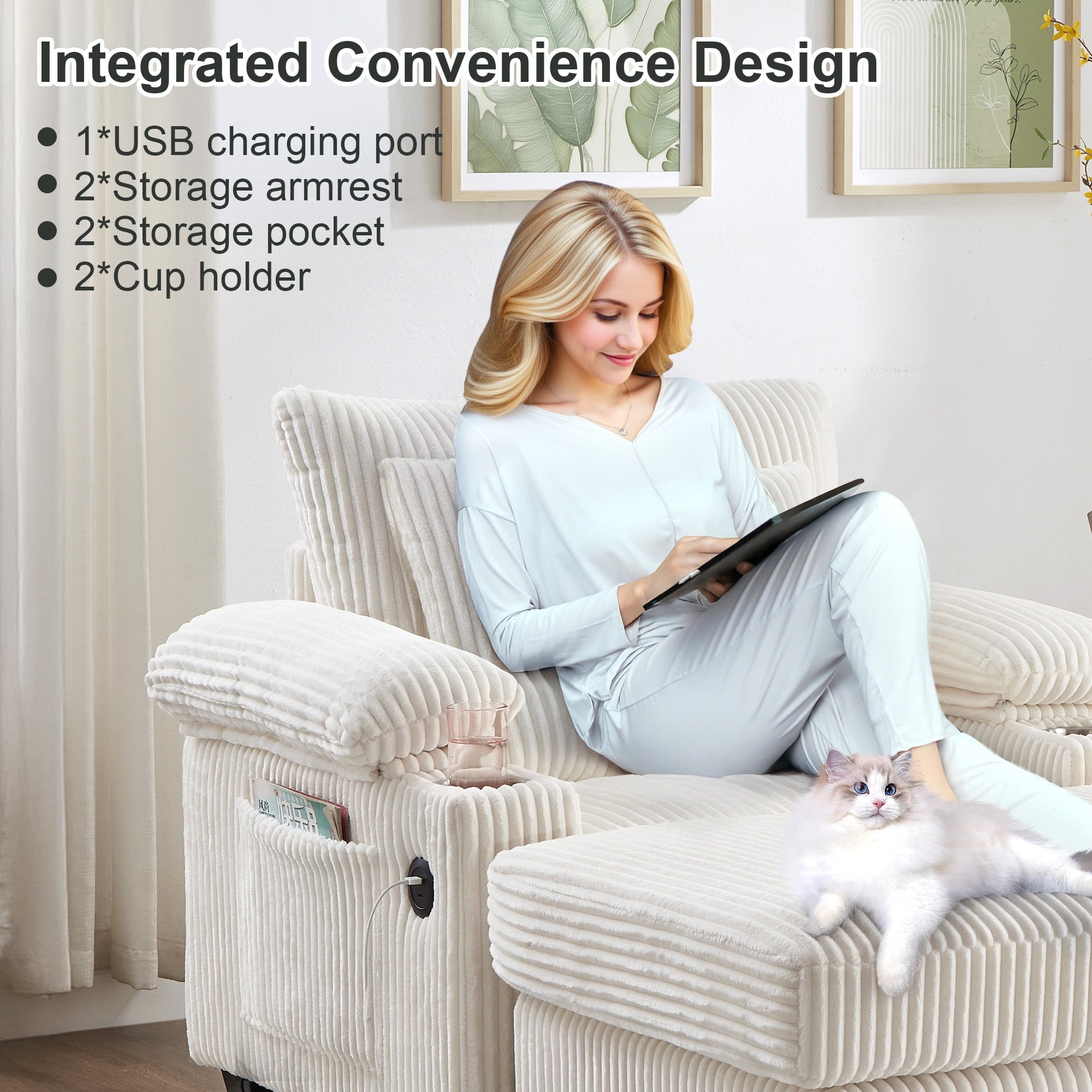 FFH Living Room Chair with Ottoman, 7-Speed Adjustable Backrest, USB & Storage Arms, Cozy Indoor Corduroy Lounge Armchair, Beige