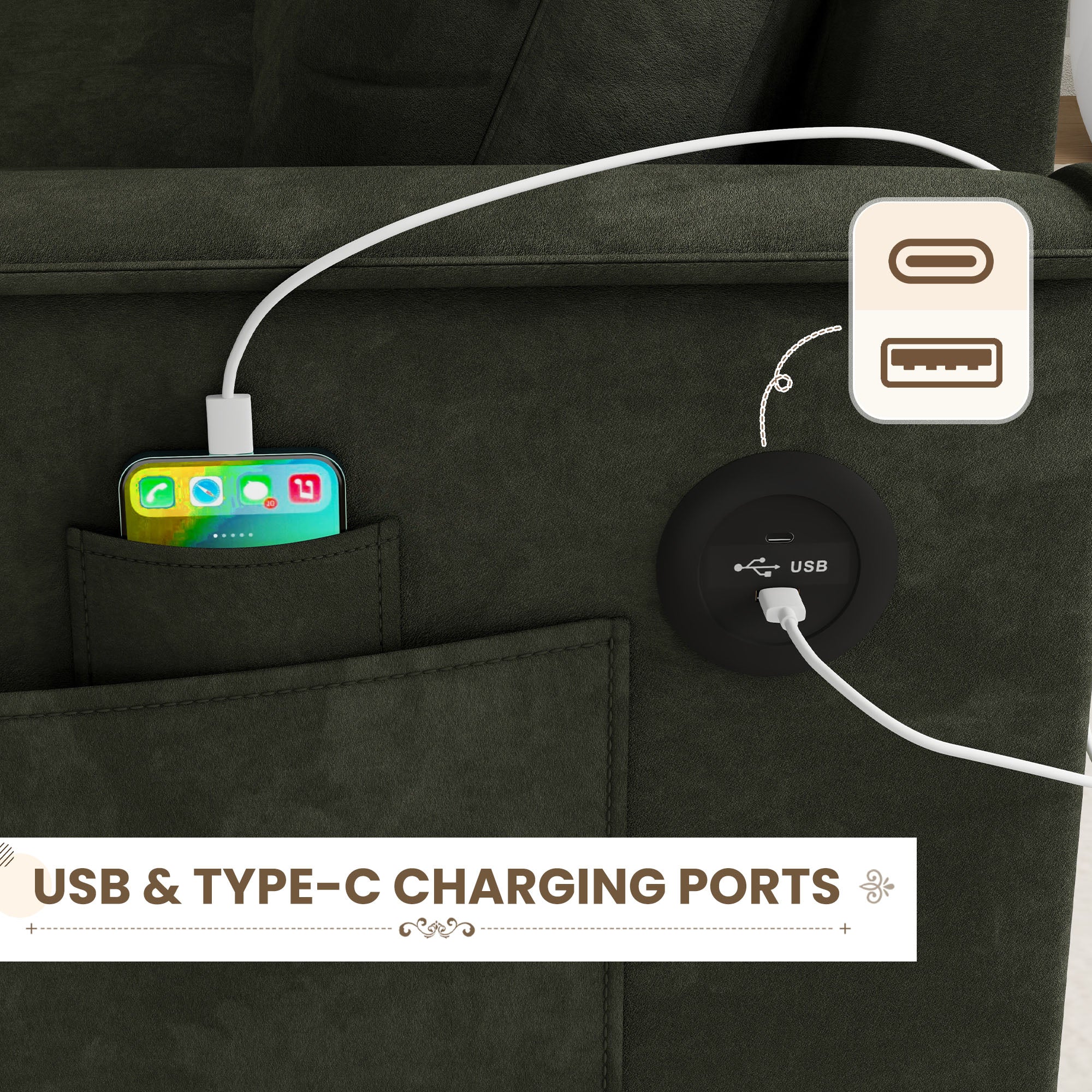 FFH Convertible Sofa Bed, Sectional Sleeper Sofa with Storage Chaise, L-Shaped Couch for Living Room, Green Chenille