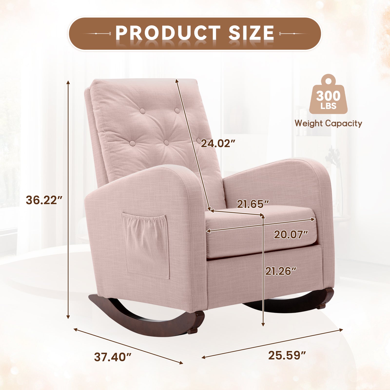 FFH Glider Rocker for Living Room, Rocking Chair for Nursery, Tufted High Back, Pink Linen