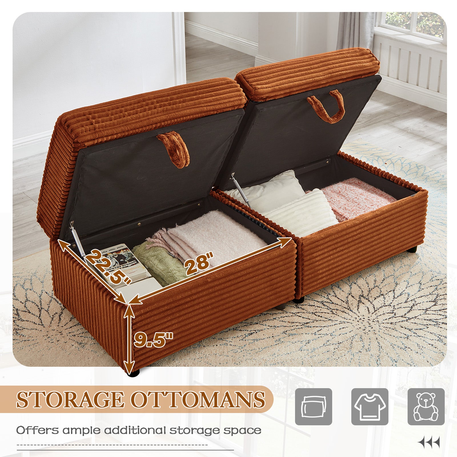 FFH Loveseat Sectional Sofa with 2 Storage Ottomans, Modular Cloud Couch with 2 Side Tables & USB, Plush Double Chaise Lounge Sofa Bed Indoor, Orange Corduroy