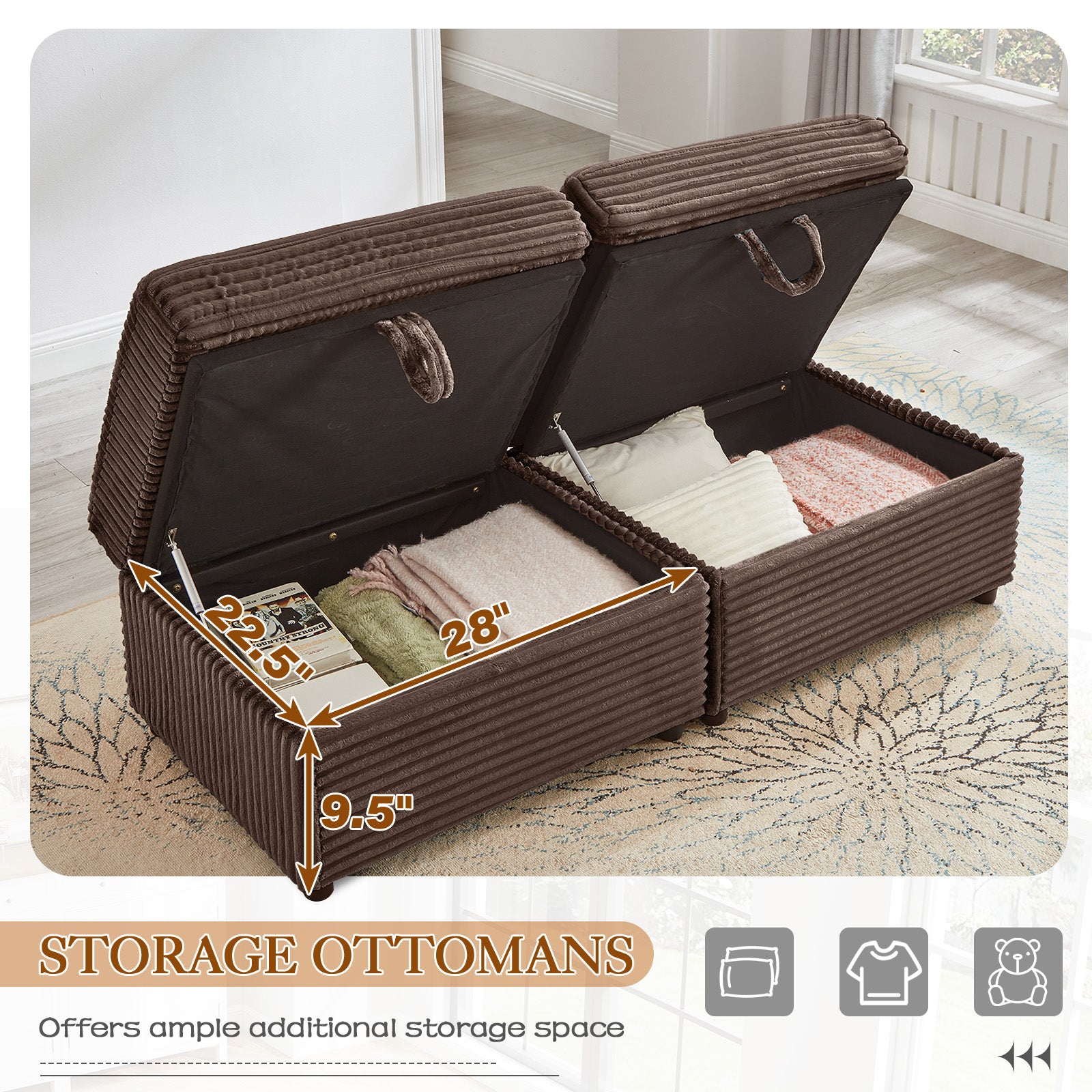 FFH Loveseat Sectional Sofa with 2 Storage Ottomans, Modular Cloud Couch with 2 Side Tables & USB, Plush Double Chaise Lounge Sofa Bed Indoor, Brown Corduroy