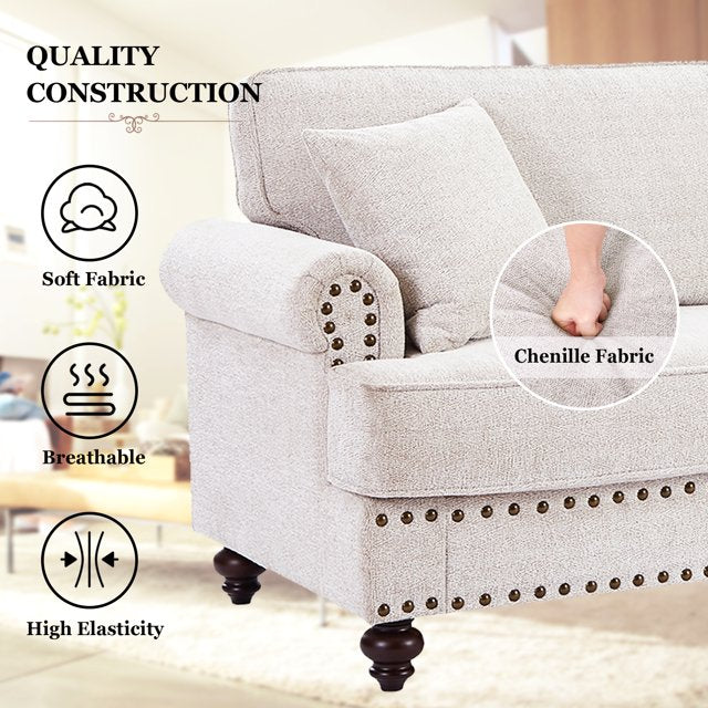 FFH Mid-Century Loveseat Sofa, 2 Seater Sofa with Nailhead, 61" Chenille Upholstered Couches for Living Room, White