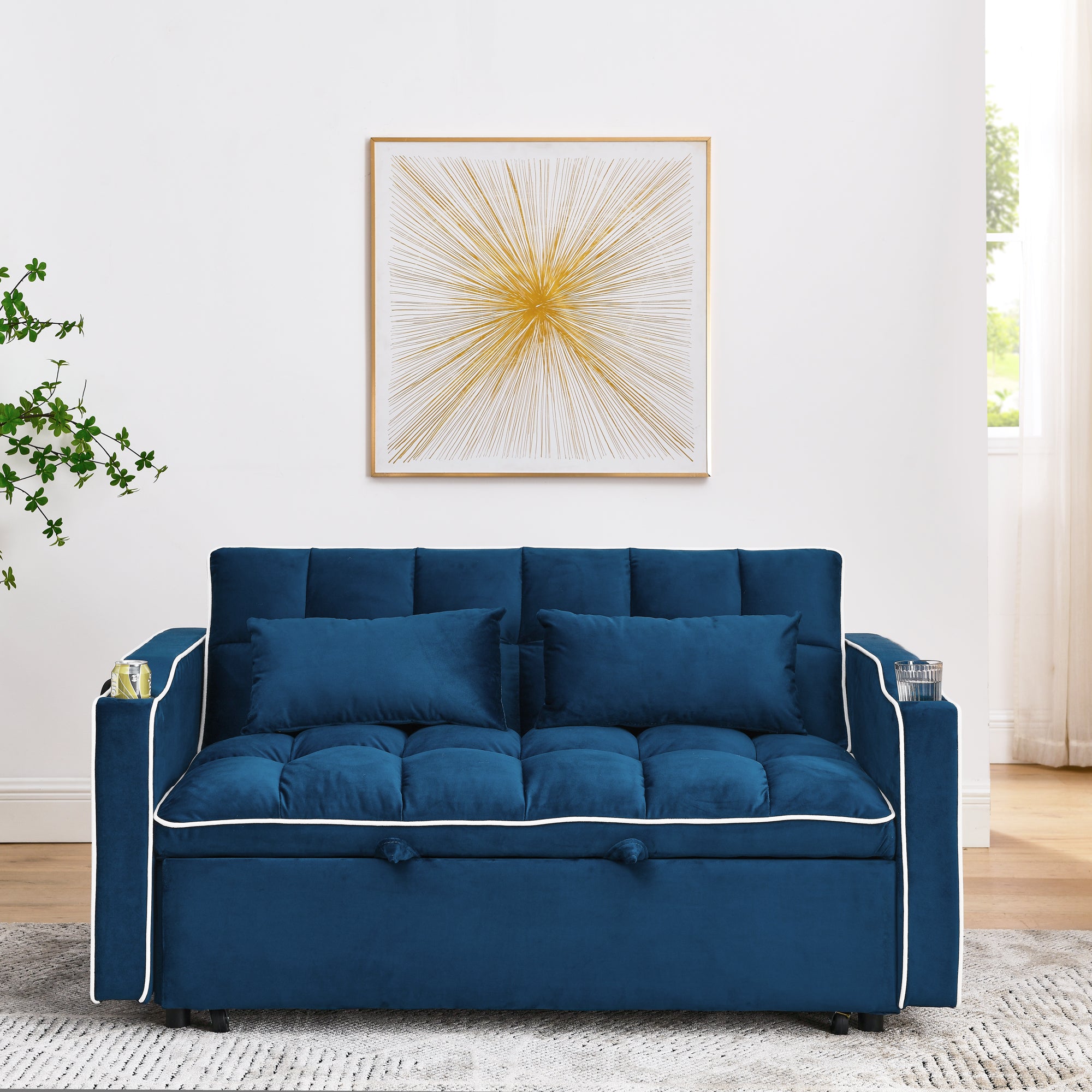 FFH 3-in-1 Convertible Loveseat Sleeeper, Futon Sofa Bed with Phone Stand & USB, Pull Out Sofa Bed for Living Room/Apt, Blue Velvet