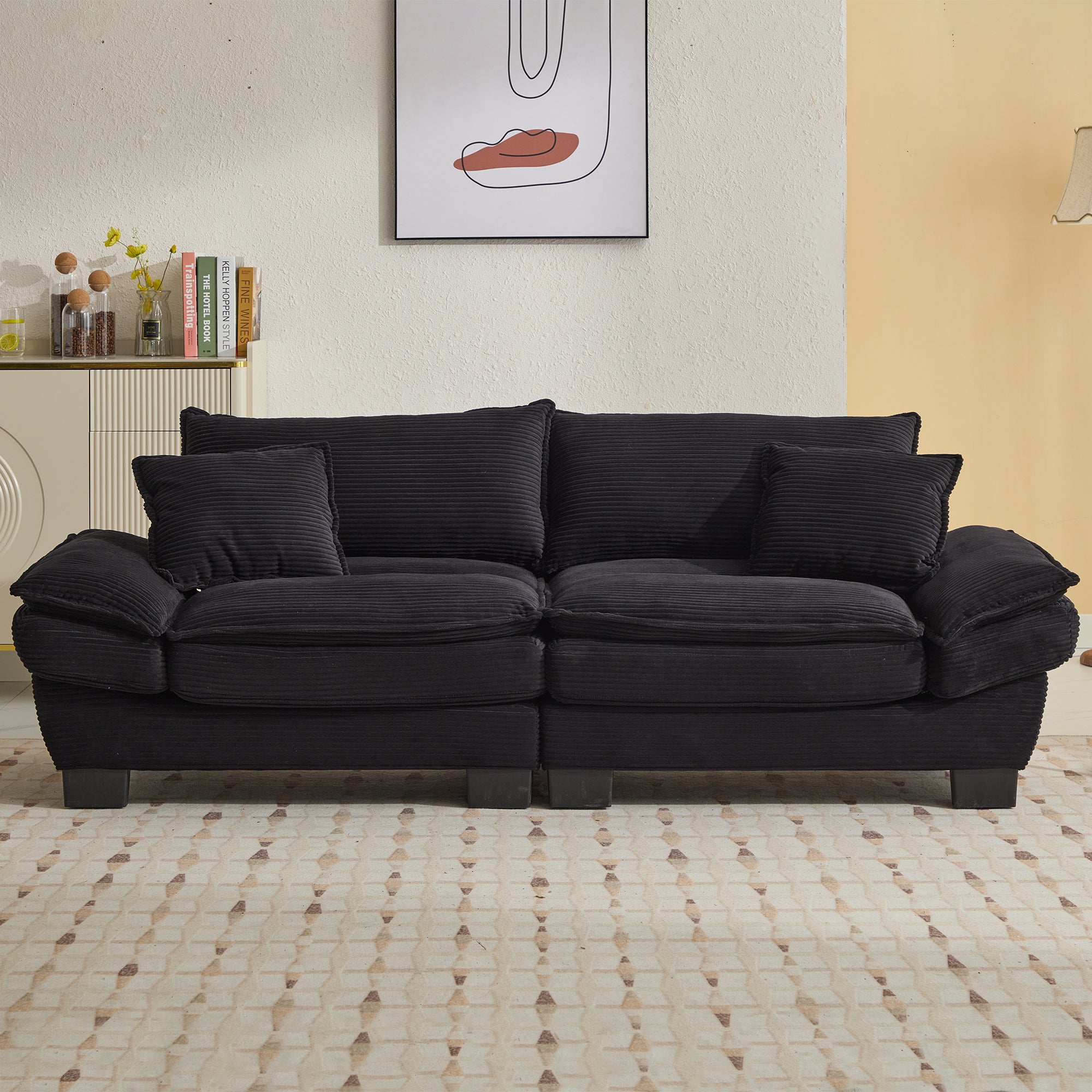 FFH 80"L Corduroy Deep Seat Sofa, Upholstered 3-Seater Sleeper Couch for Living Room, Black