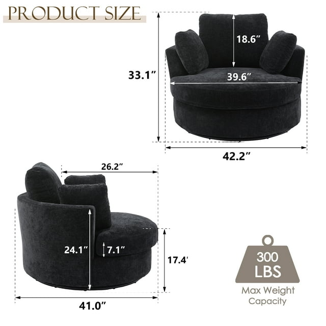 FFH 42.2"W Chenille Swivel Chair, Modern Oversize Armchair Comfy Club Chair Sherpa Chir for Bedroom Living Room, Black