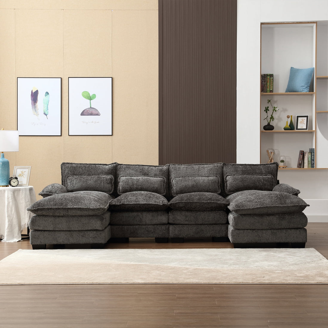 FFH Chenille Sectional Sofa with 2 Chaise, 110.6" Large Reversible Modular Sofa, Modern U-Shaped Sofa Couch for Living Room, Dark Gray