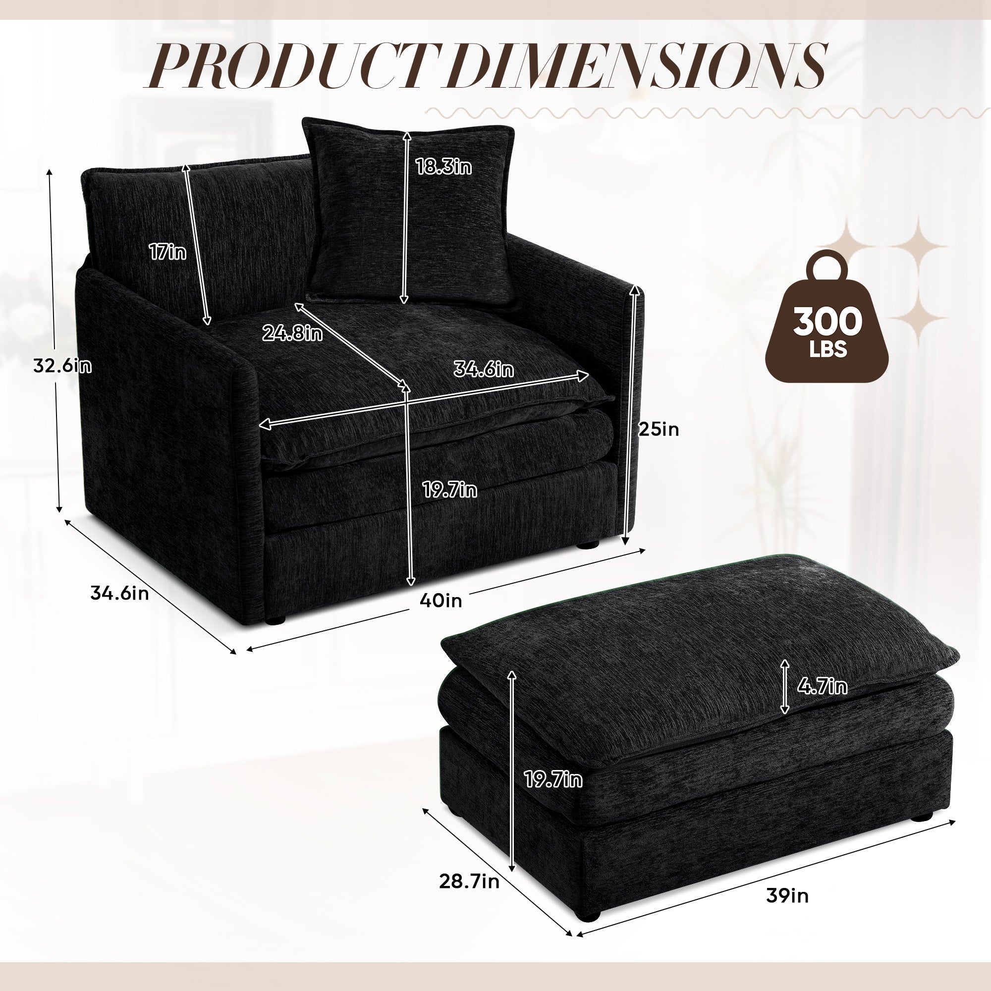 FFH Oversized Lounge Chair with Ottoman, Cloud Accent Armchair for Living Room, Black Chenille