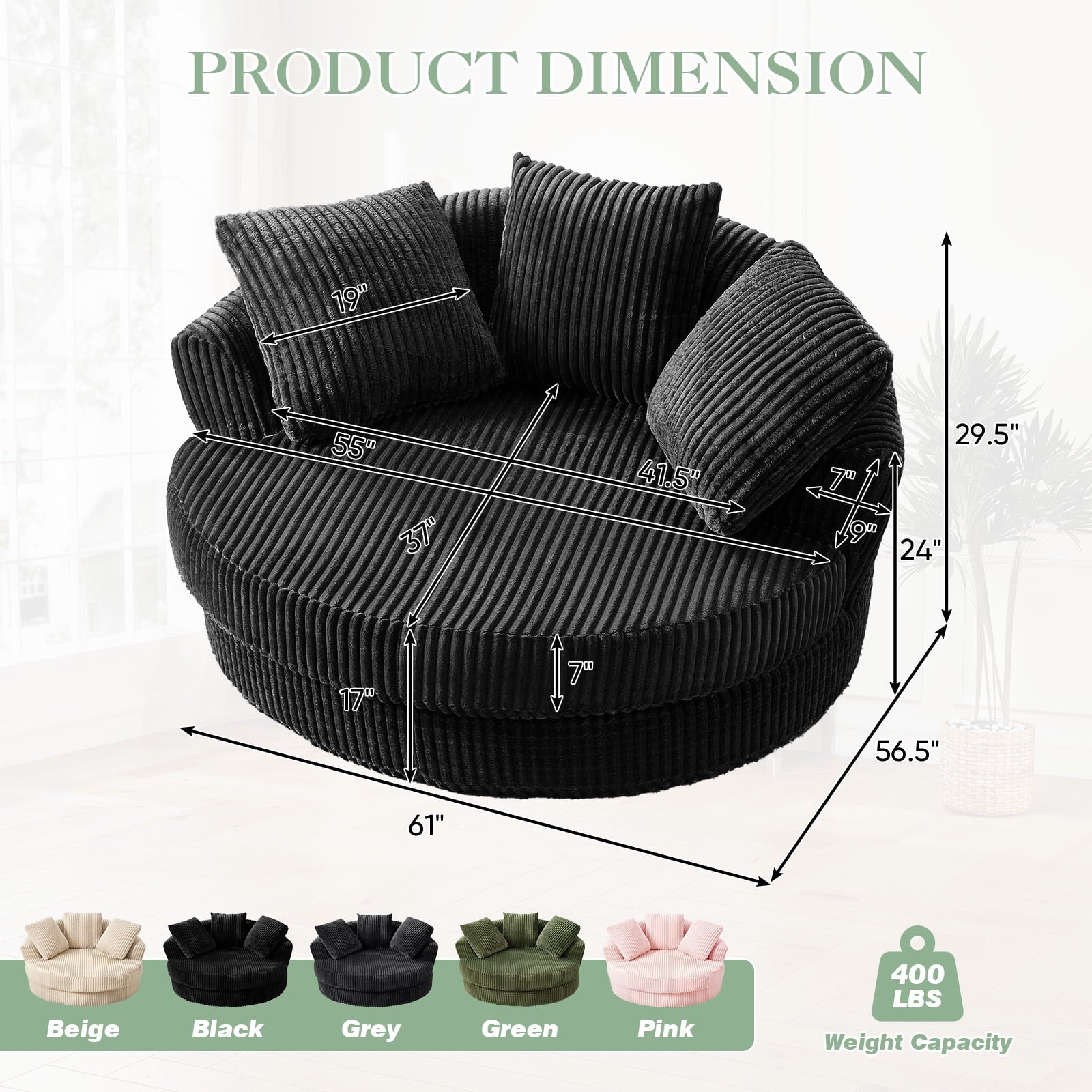 Muumblus 61" Oversized Round Boneless Lounge Chaise Chair Indoor, Corduroy Deep Seat Cloud Couch Sleeper Sofa Bed with 3 Pillows, No Assembly Barrel Chair for Living Room, Gray