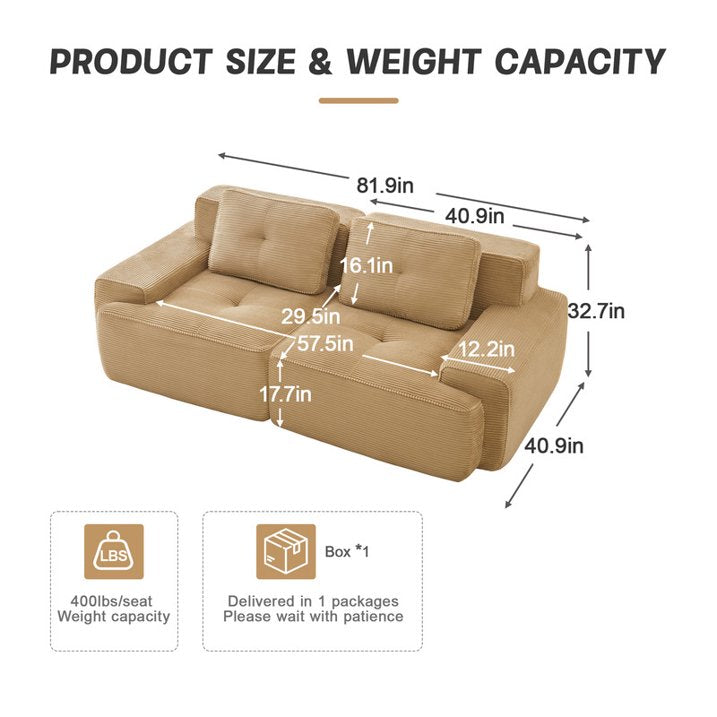 FFH Loveseat Sofa, 80" Modular Sectional Sofa for Living Room, Corduroy 2-Seater Cloud Couch with Deep Seat, Pearl-like Piping, Tufted Design, No Assembly, Anti-slip Design (Camel, 2 Seater)