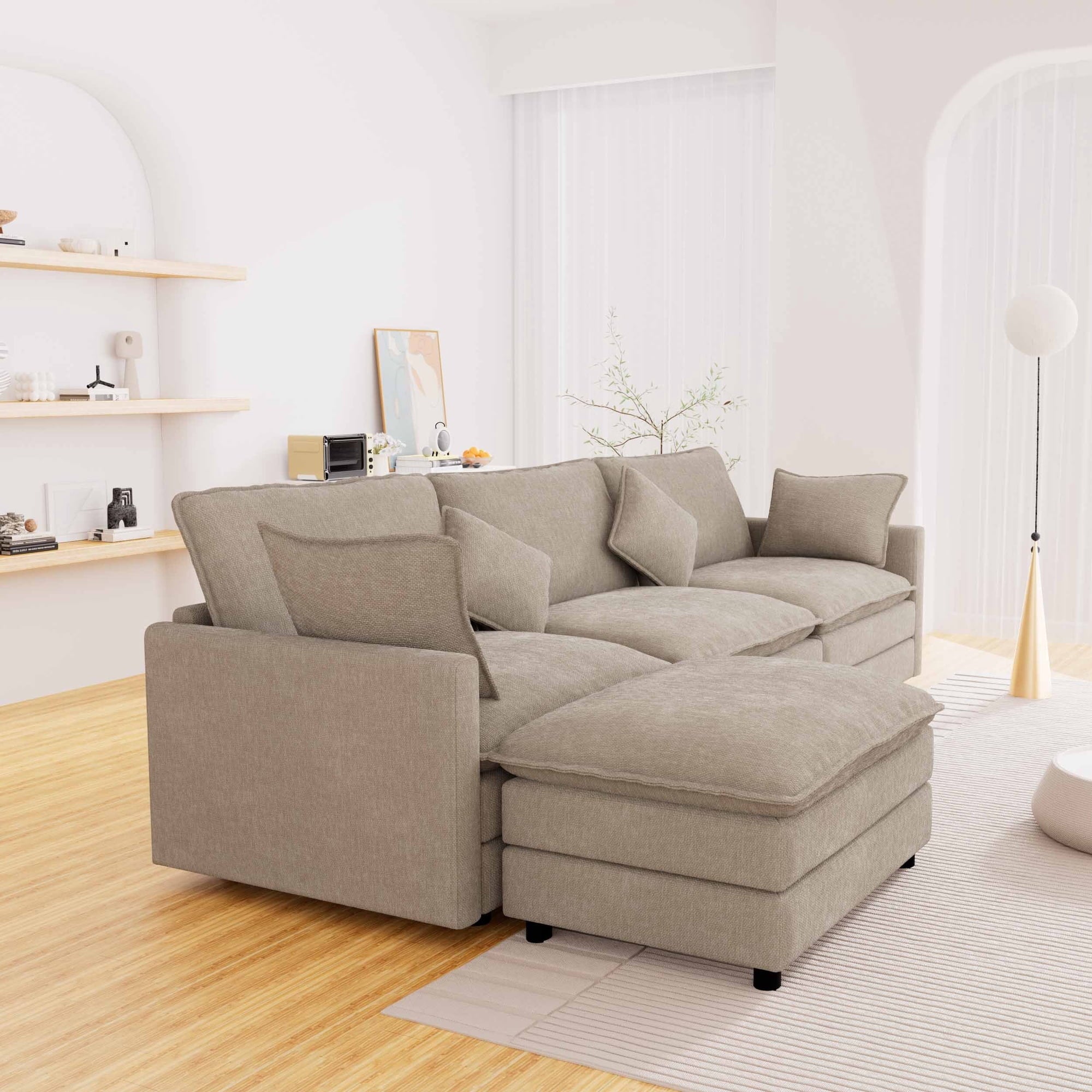 FFH Sectional Cloud Couch with Reversible Ottoman, L-Shaped Chenille Sofa for Living Room, Camel
