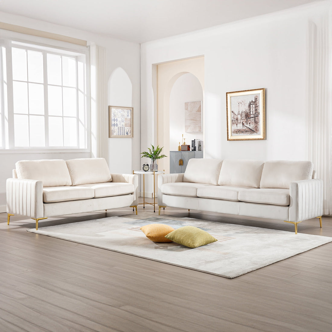 FFH 85 inch Sofa Couch, 3 Seater Loveseat Sofa, Mid Century Modern Tufted Velvet Couch for Living Room, Living Room Furniture Sets, Beige