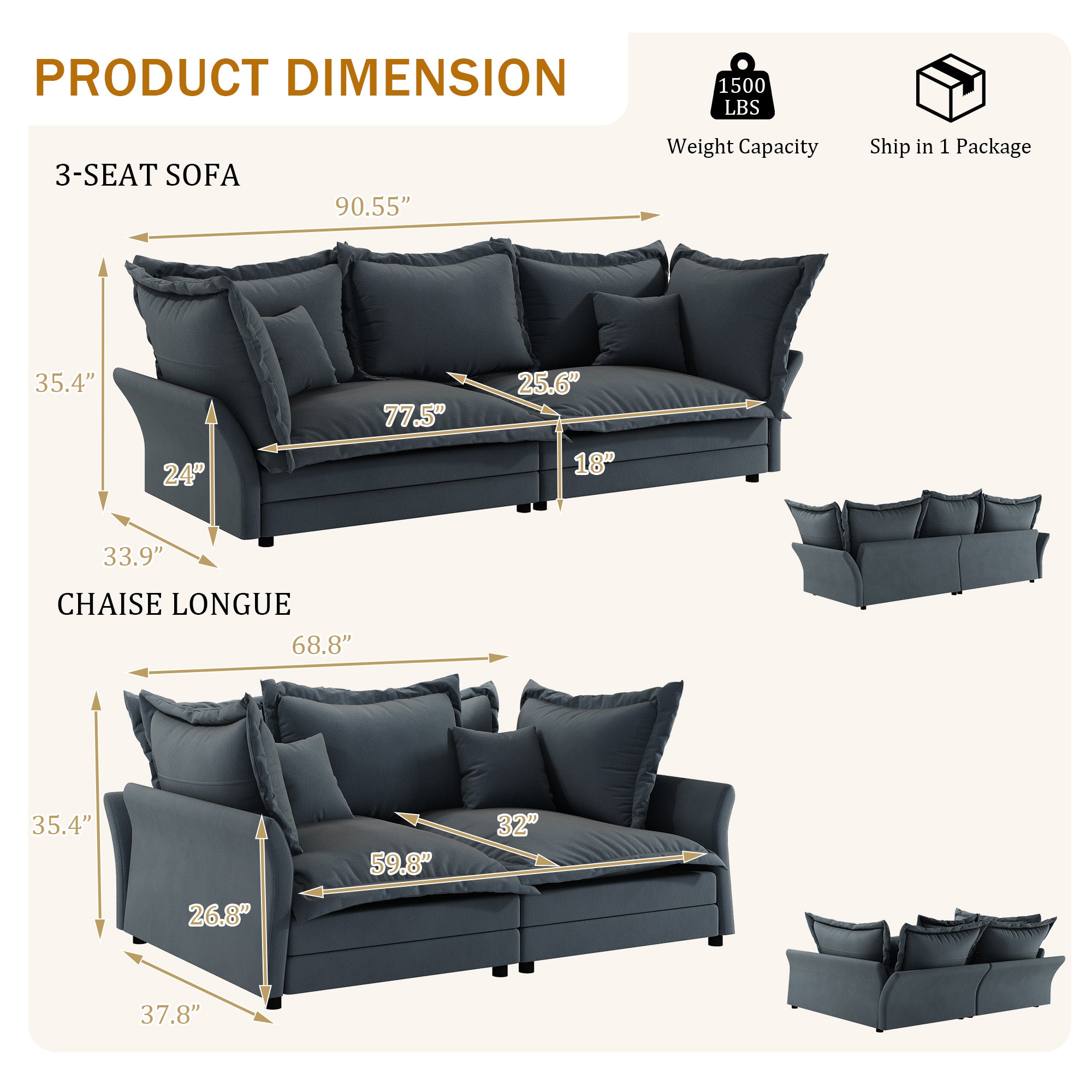 FFH 90.55" Reversible Sofa, Modern Upholstered Velvet Cloud Couch with Soft Pillows, Comfy Lounge Sofa with Deep Seat for Living Room