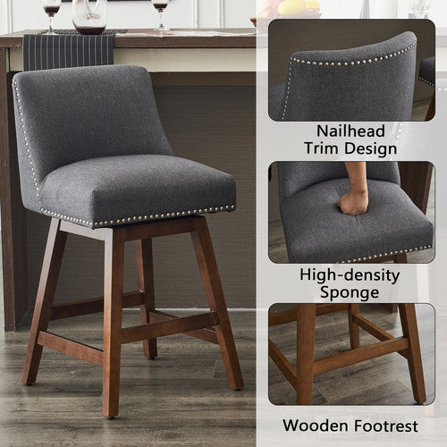 FFH 26" Upholstered Swivel Bar Stools Set of 2, Modern Linen Fabric High Back Counter Stools with Nail Head Design and Wood Frame