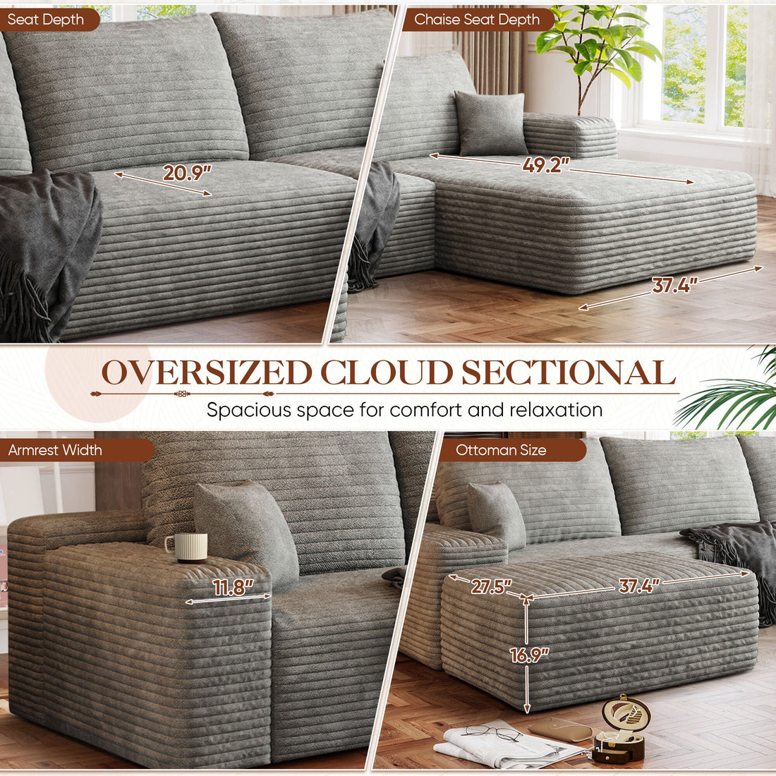 FFH 107" Cloud Sectional Sofa with Right Chaise, Cozy U-Shaped Modular Sofa with Ottoman, Plush Corduroy Sleeper Bed Couch, No Assembly Required, Gray