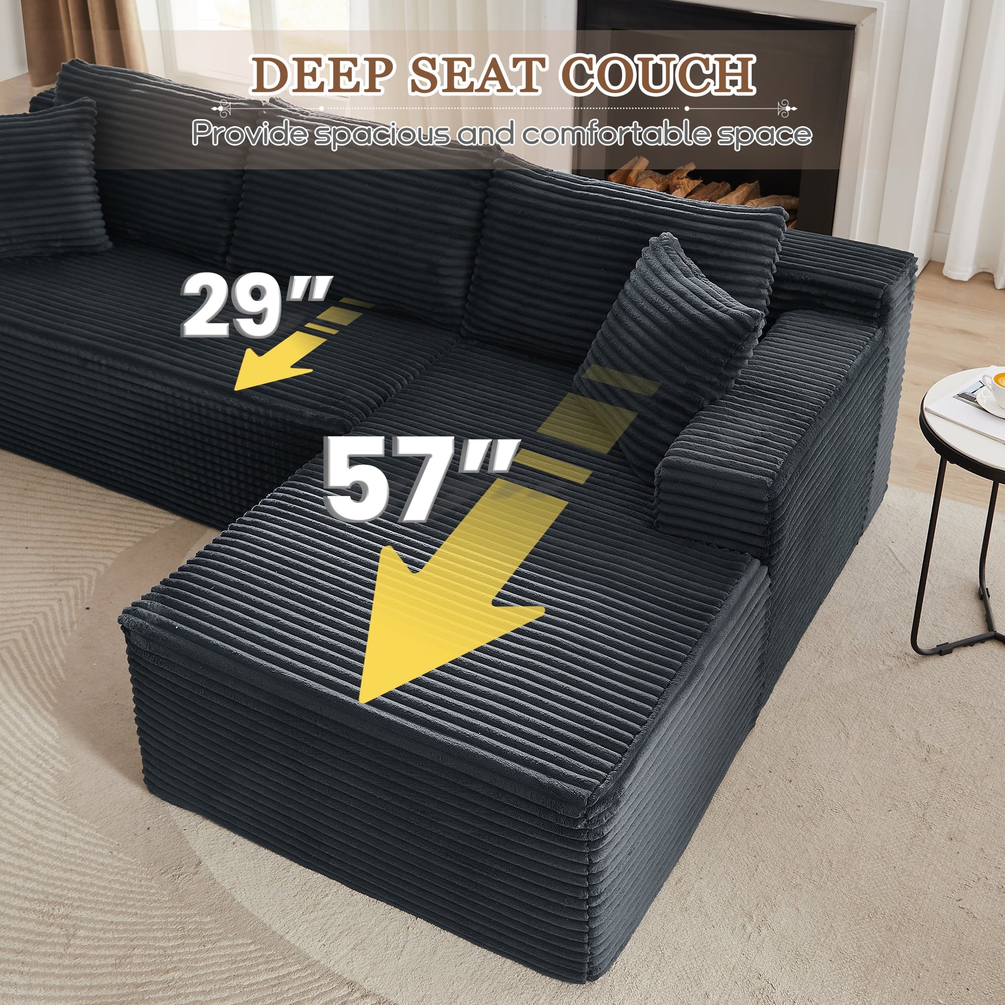 FFH Modular Sectional Sofa, Oversized L-Shape Cloud Couch, Modern Corduroy Sleeper Couches for Living Room, No Assembly Required, Dark Grey (Right Facing Chaise)