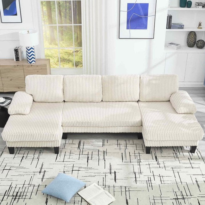 FFH 114" U Shaped Sectional Sofa, Oversized Modular Cloud Couch with Double Chaise, Corduroy 4 Seater Sofa Set for Living Room, Beige