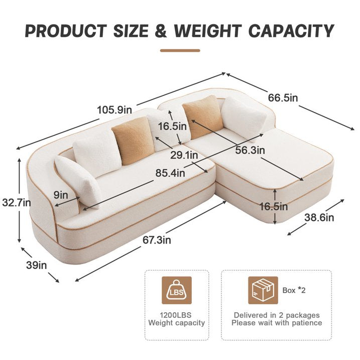 FFH 106" Cloud Sectional Couch, Modern Modular Sofa with L-Shape Chaise, Teddy Sofa for Living Room, No Assembly Required (White, Right Chaise)
