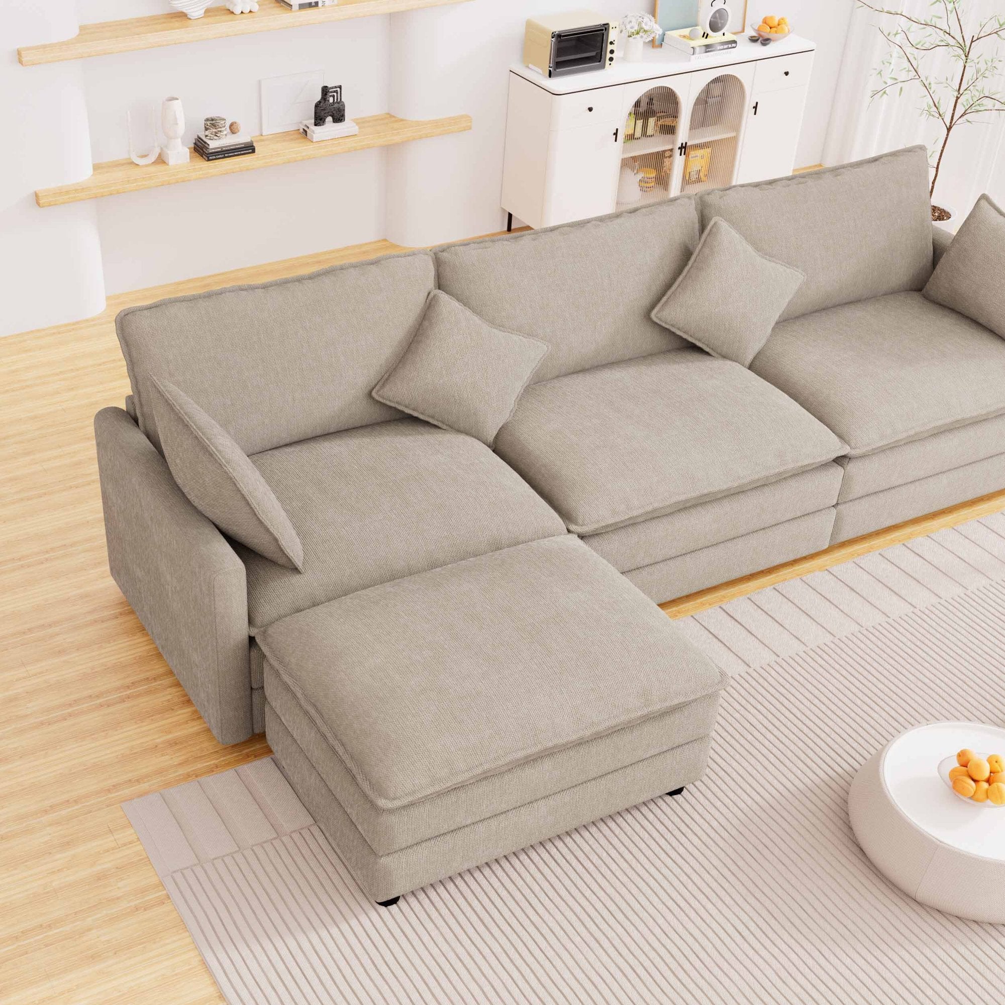 FFH Sectional Cloud Couch with Reversible Ottoman, L-Shaped Chenille Sofa for Living Room, Camel