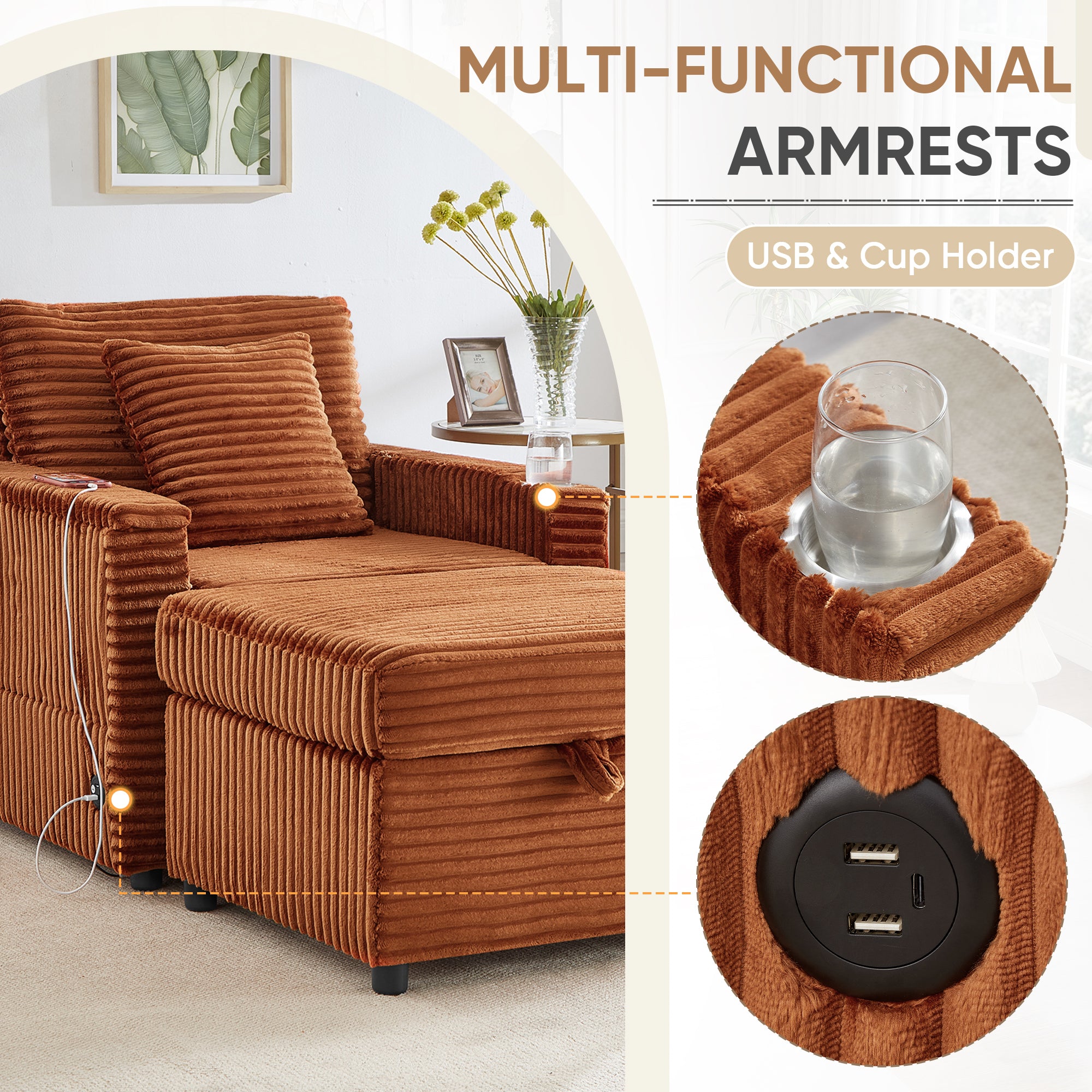 FFH Accent Chair with Storage Ottoman & Side Table, Cozy Lounge Chair with USB, Modern Single Sofa Armchair for Living Room, Orange Corduroy