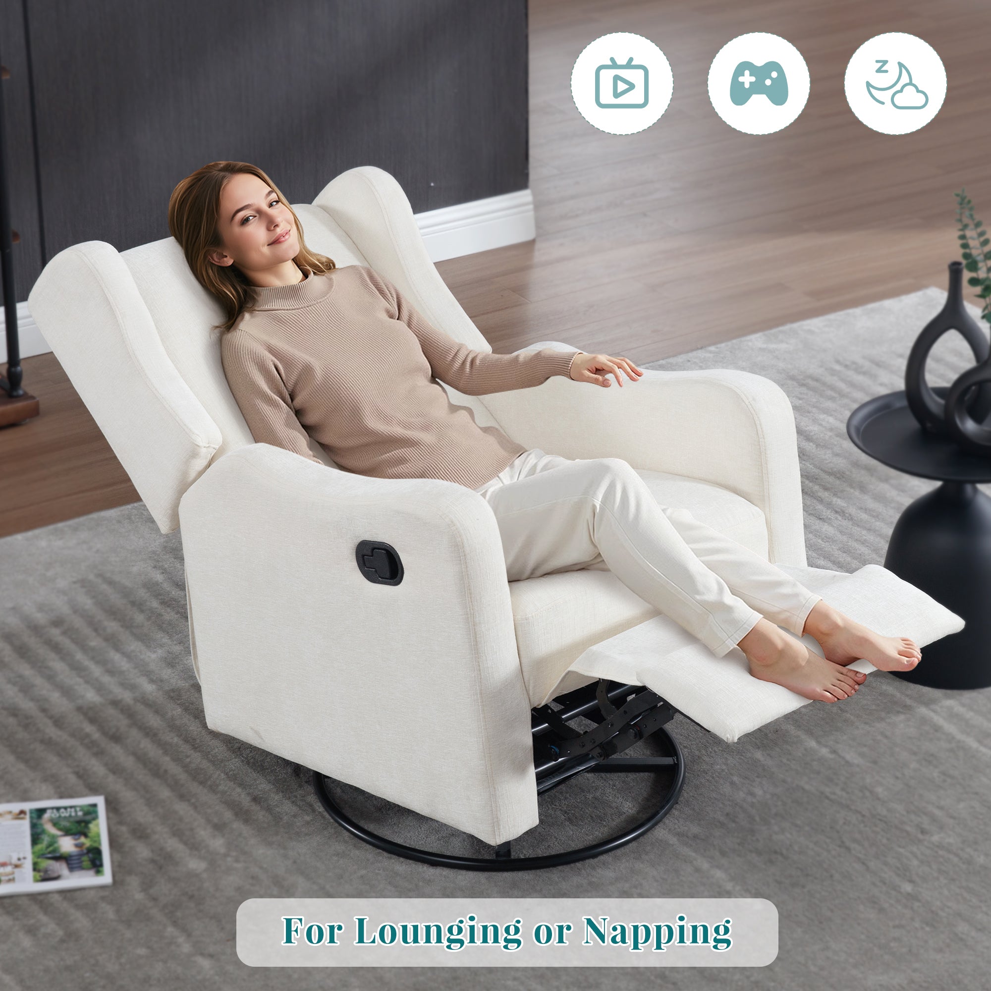 FFH Wingback Swivel Recliner, Glider Rocking Chair for Living Room, Nursery Rocker, Beige Chenille