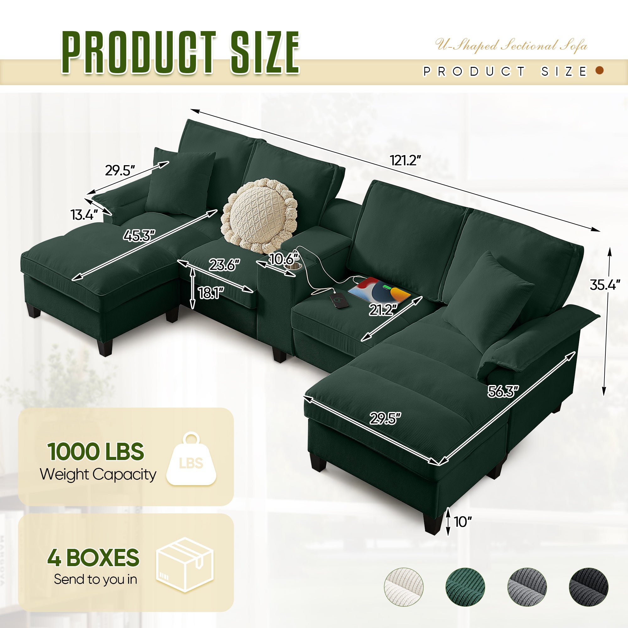 FFH 120" U-Shaped Sectional Sofa with USB & Storage, Living Room 4-Seater Couch with Double Chaise Lounge, Cup Holders, Green Corduroy