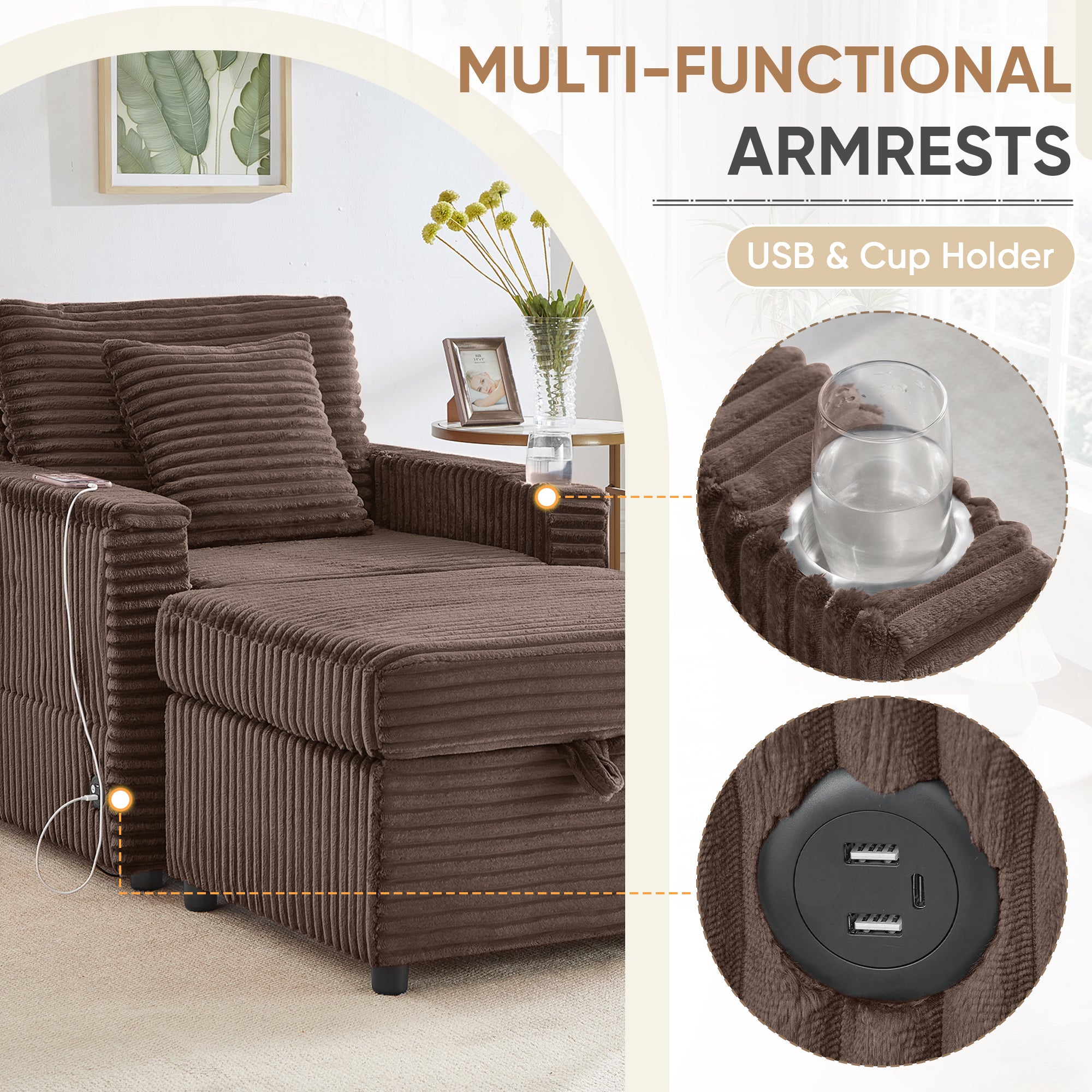 FFH Accent Chair with Storage Ottoman & Side Table, Cozy Lounge Chair with USB, Modern Single Sofa Armchair for Living Room, Brown Corduroy