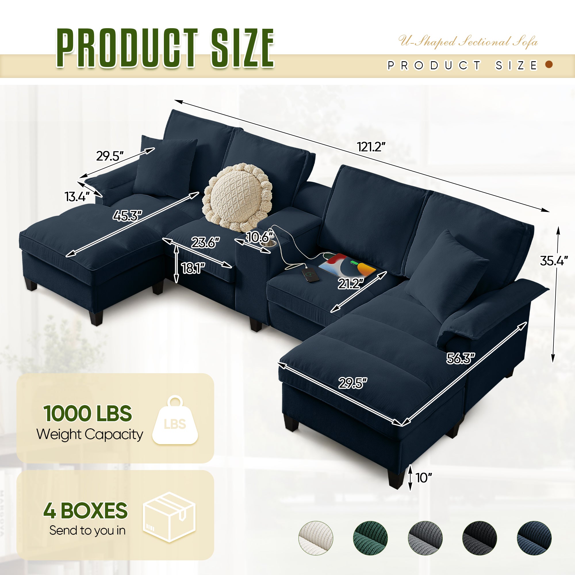 FFH 120" U-Shaped Sectional Sofa with USB & Storage, Living Room 4-Seater Couch with Double Chaise Lounge, Cup Holders, Blue Corduroy