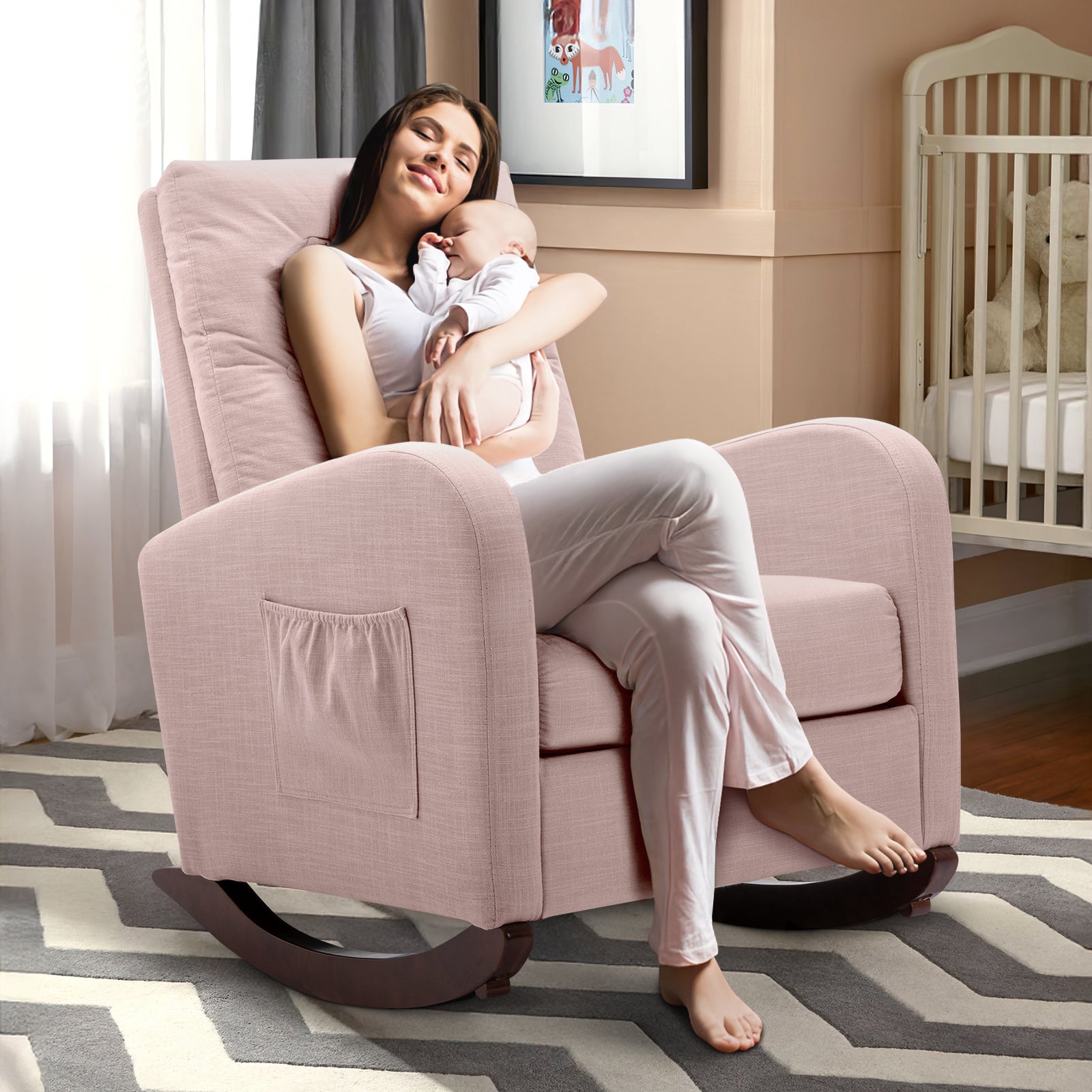 FFH Glider Rocker for Living Room, Rocking Chair for Nursery, Tufted High Back, Pink Linen