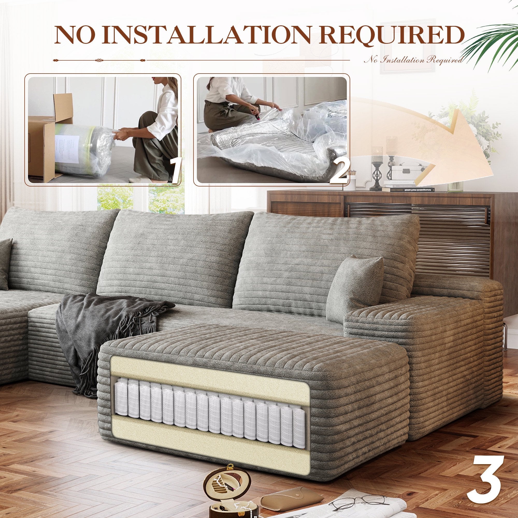 FFH 107" Cloud Sectional Sofa with Right Chaise, Cozy U-Shaped Modular Sofa with Ottoman, Plush Corduroy Sleeper Bed Couch, No Assembly Required, Gray