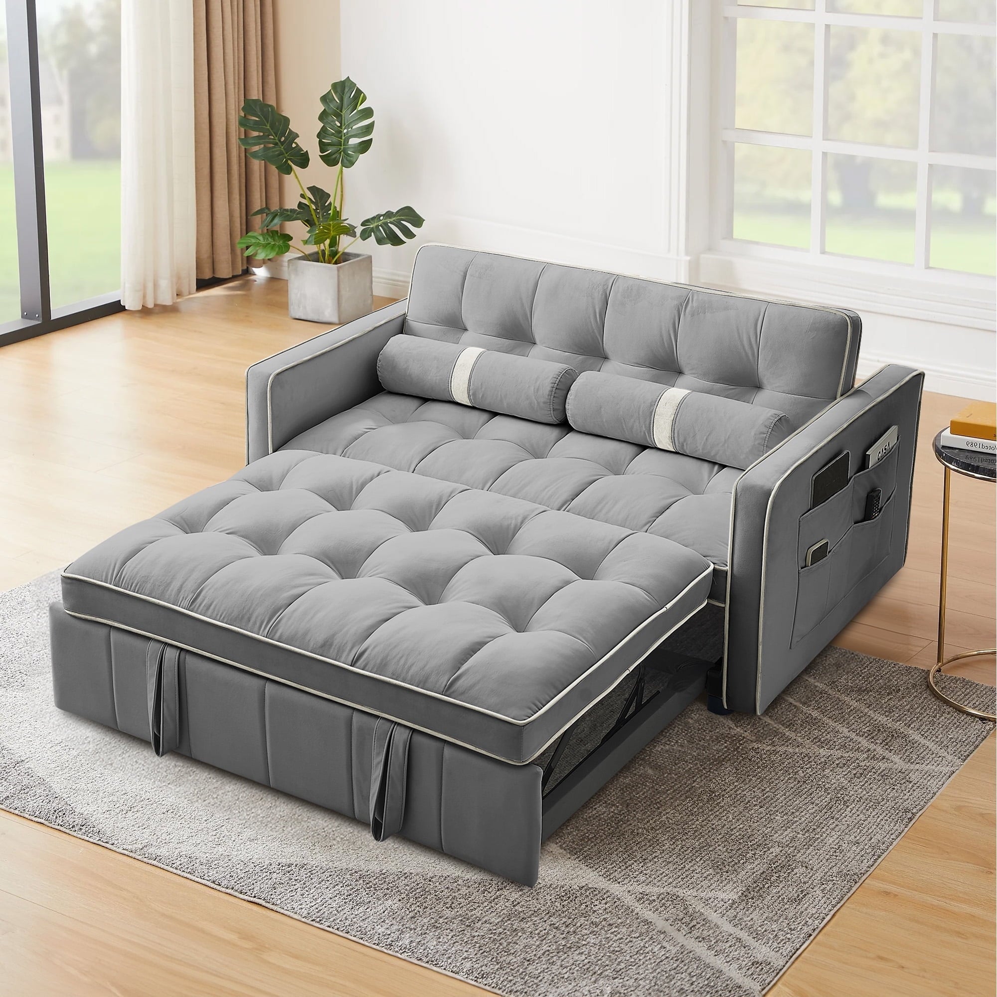 Dinosisco Convertible Sofa Bed, 55" Pull Out Sofa Bed - Tufted Velvet Loveseat Sleeper Sofa Couch for Living Room, Gray