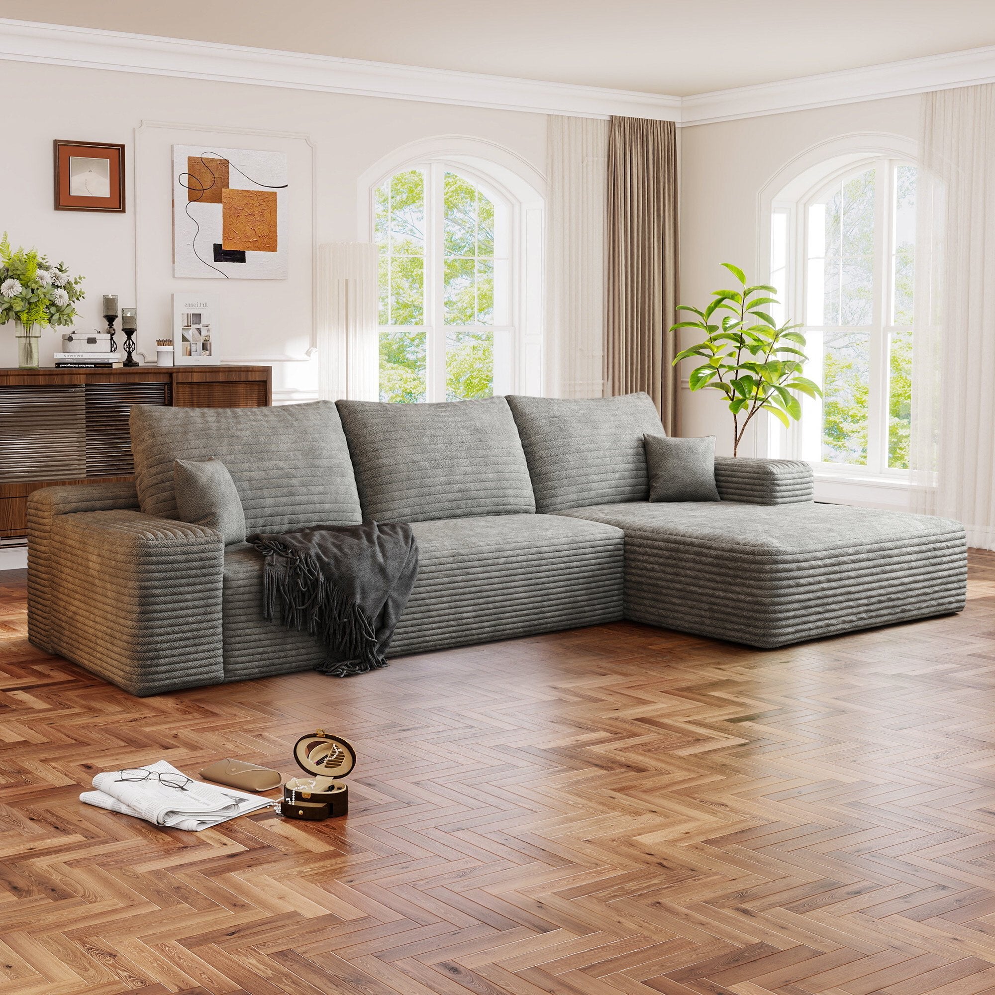 FFH 107" Cloud Sectional Sofa with Right Chaise, Cozy L-Shaped Modular Sofa, Plush Corduroy Sleeper Bed Couch, No Assembly Required, Gray