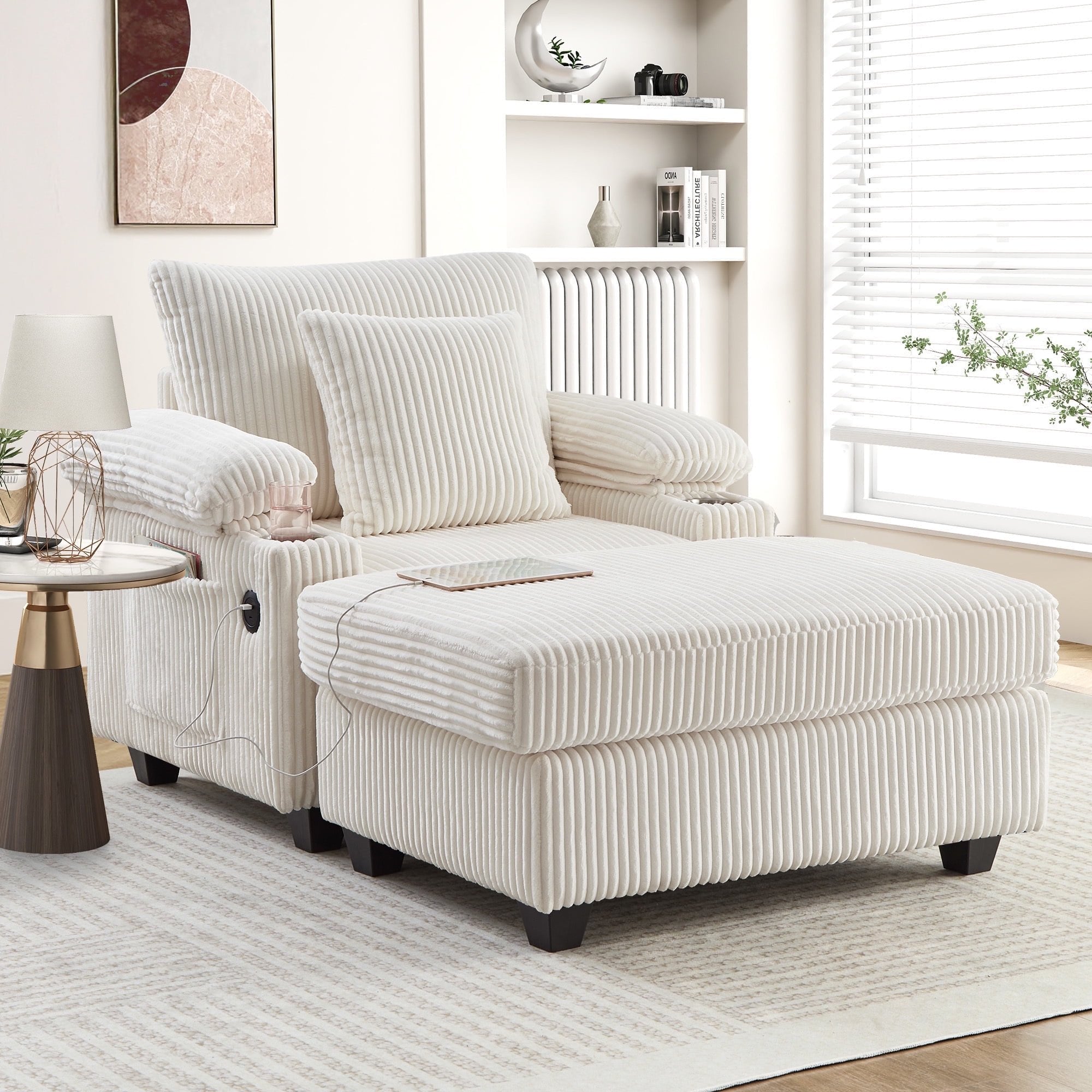 FFH Living Room Chair with Ottoman, 7-Speed Adjustable Backrest, USB & Storage Arms, Cozy Indoor Corduroy Lounge Armchair, Beige