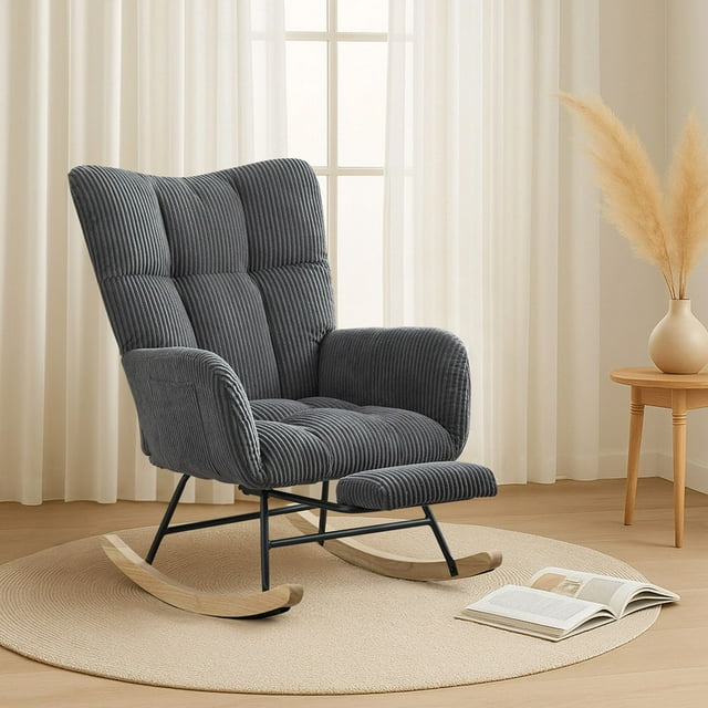 FFH Nursery Rocking Chair,Rocker Recliner Chair with High Backrest,Teddy Upholstered Glider Rocker with Adjustable Footrest,Glider Recliner,Reading Chair for Bed Room