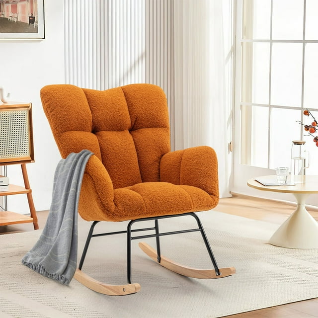 FFH Nursery Rocking Chair,Rocker Recliner Chair with High Backrest,Teddy Upholstered Glider Rocker with Adjustable Footrest,Glider Recliner,Reading Chair for Bed Room