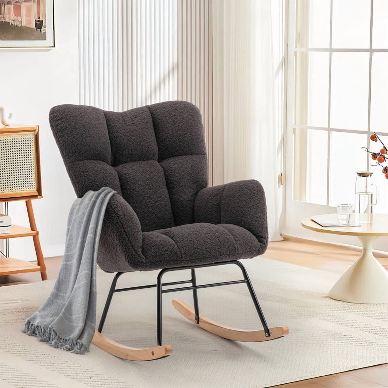 FFH Nursery Rocking Chair,Rocker Recliner Chair with High Backrest,Teddy Upholstered Glider Rocker with Adjustable Footrest,Glider Recliner,Reading Chair for Bed Room