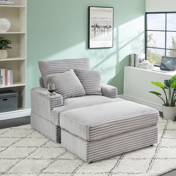FFH Oversized Chair with Ottoman, Modern Accent Chair with Cup Holder, Corduroy Single Sofa Reading Chair for Living Room, Bedroom, Office