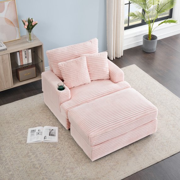 FFH Oversized Chair with Ottoman, Modern Accent Chair with Cup Holder, Corduroy Single Sofa Reading Chair for Living Room, Bedroom, Office